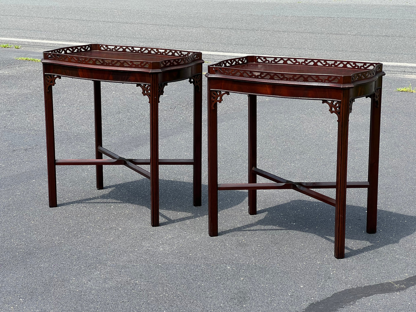 Pair Vintage Flame Mahogany Chippendale Style End Tables