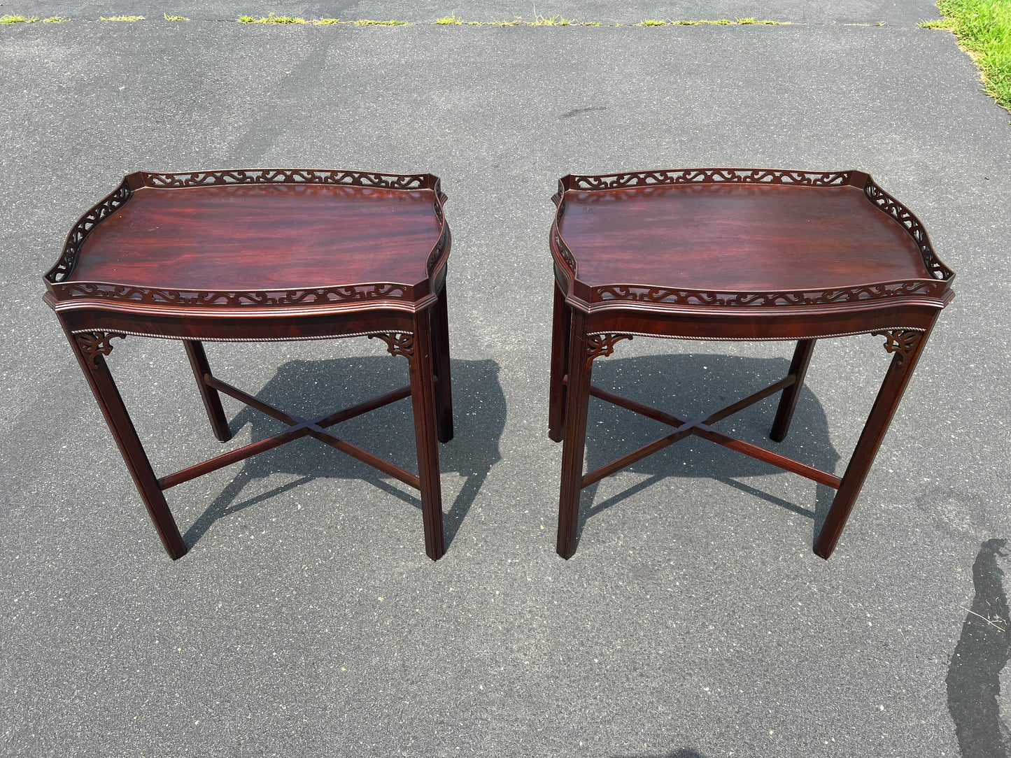 Pair Vintage Flame Mahogany Chippendale Style End Tables