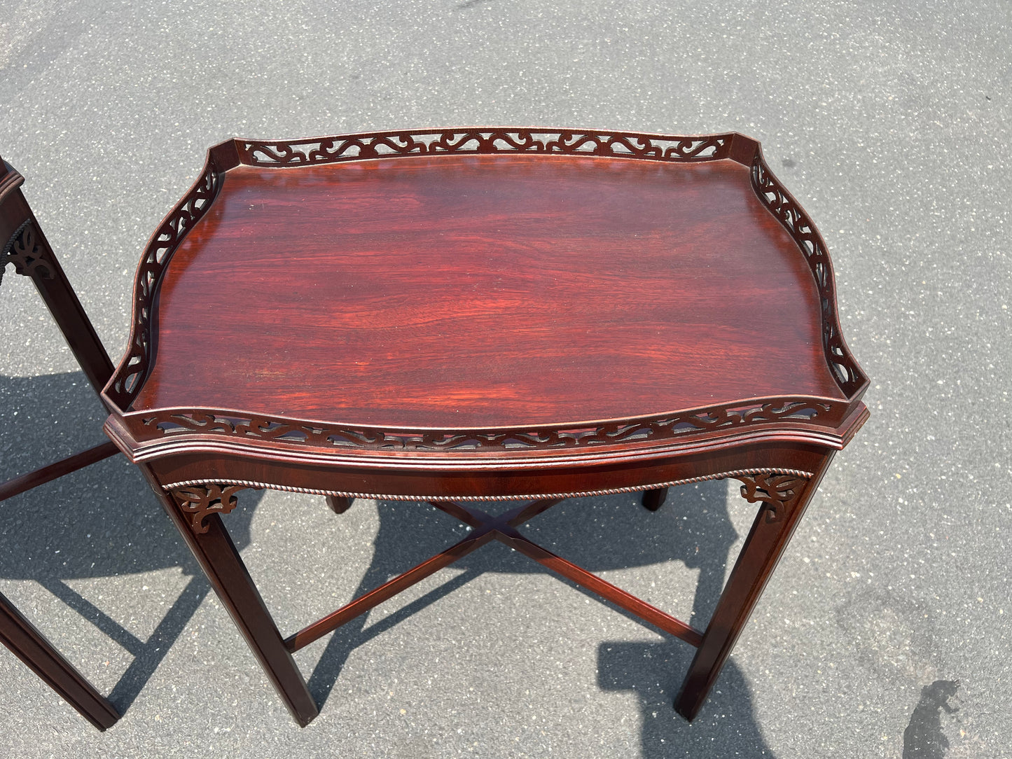 Pair Vintage Flame Mahogany Chippendale Style End Tables