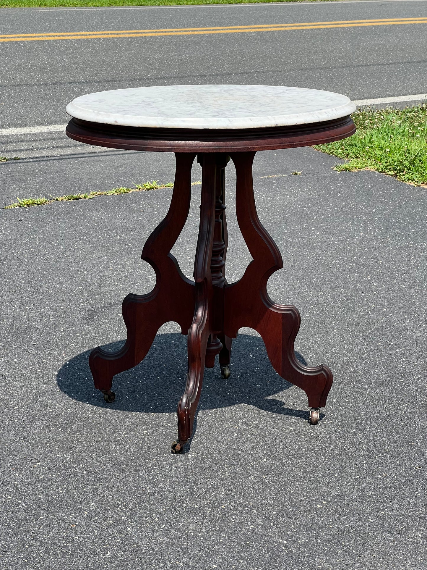 Antique Victorian Rococo Revival Oval Marble Top End Table c. 1860