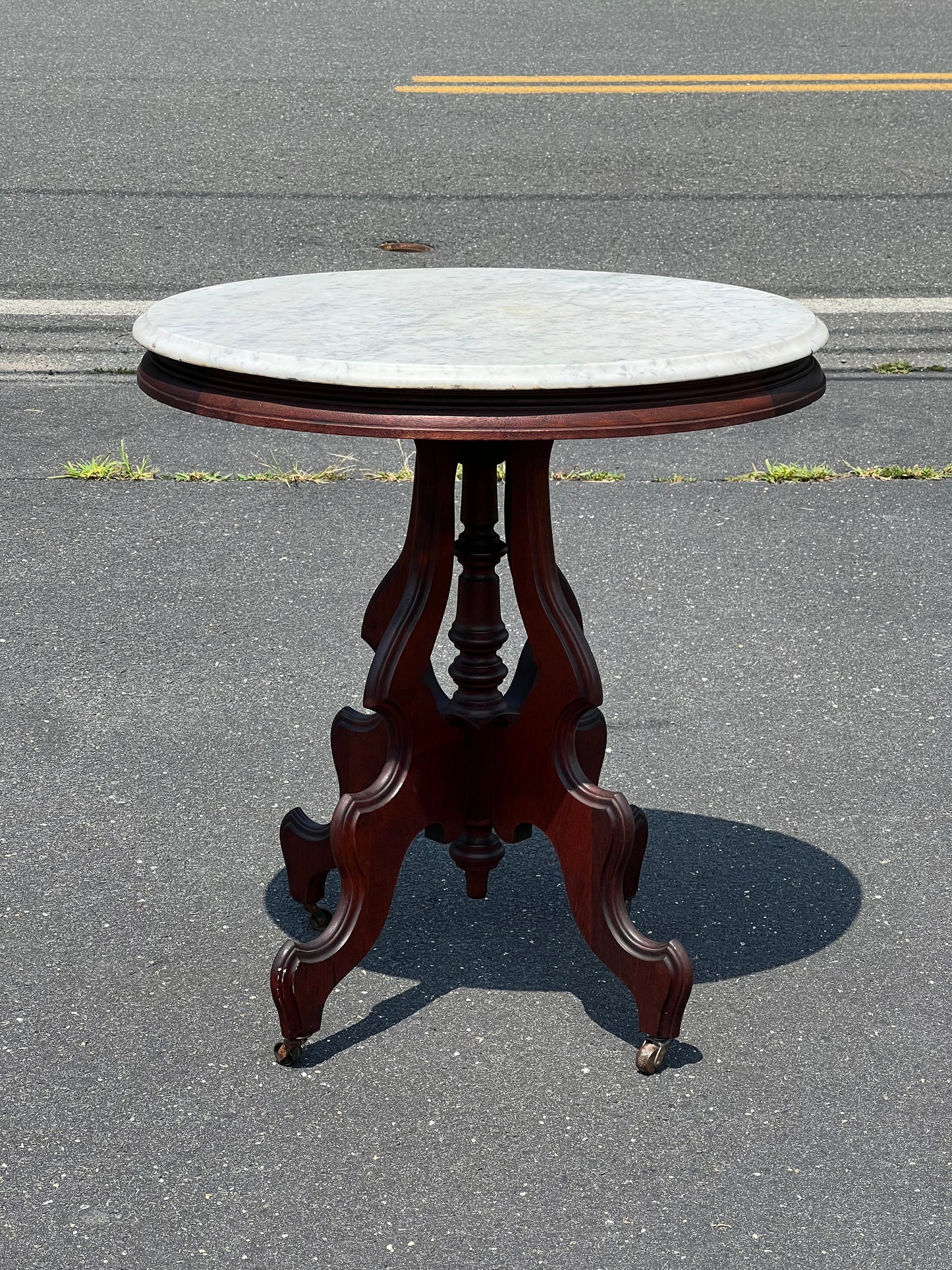 Antique Victorian Rococo Revival Oval Marble Top End Table c. 1860