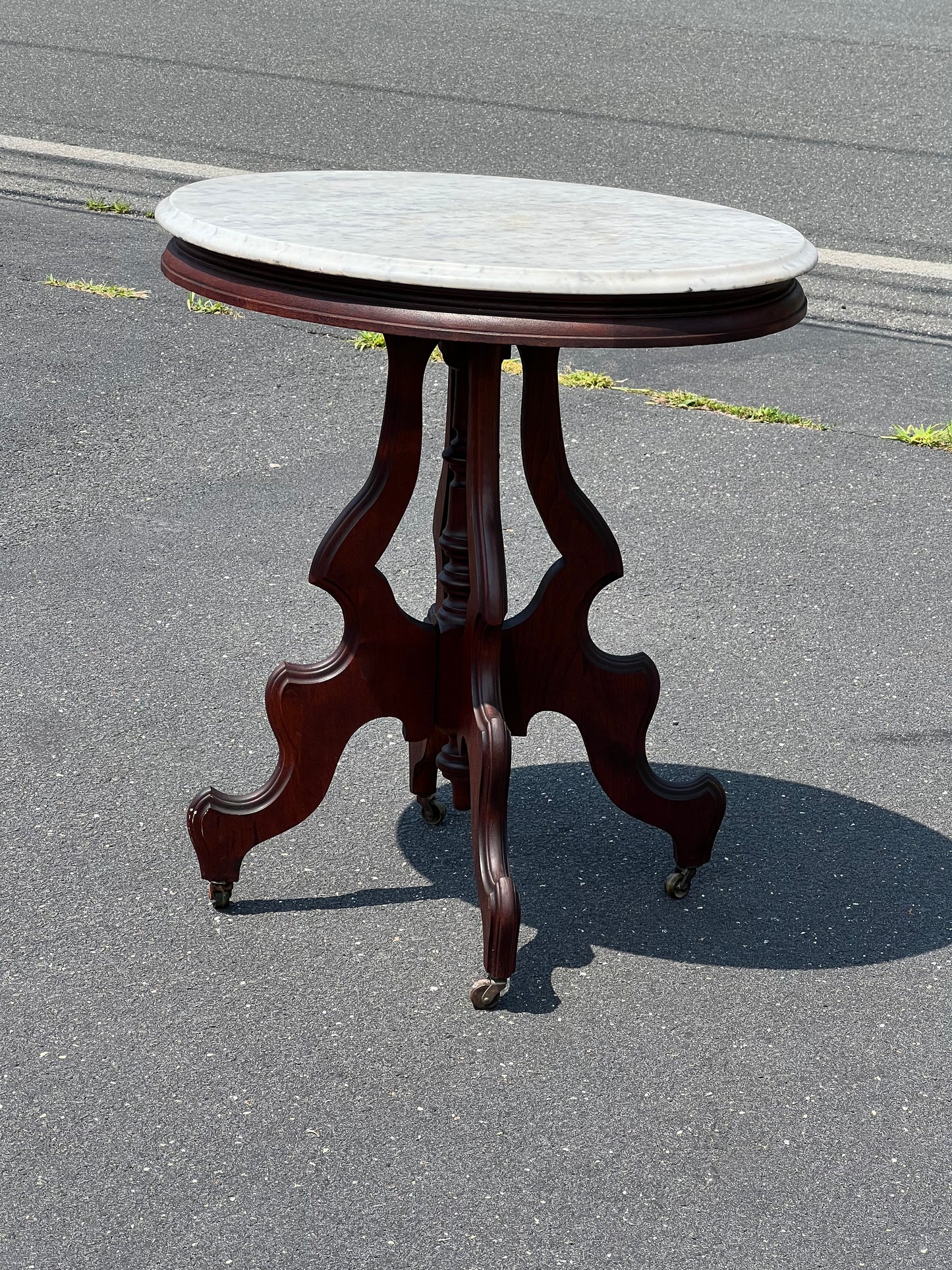 Antique Victorian Rococo Revival Oval Marble Top End Table c. 1860