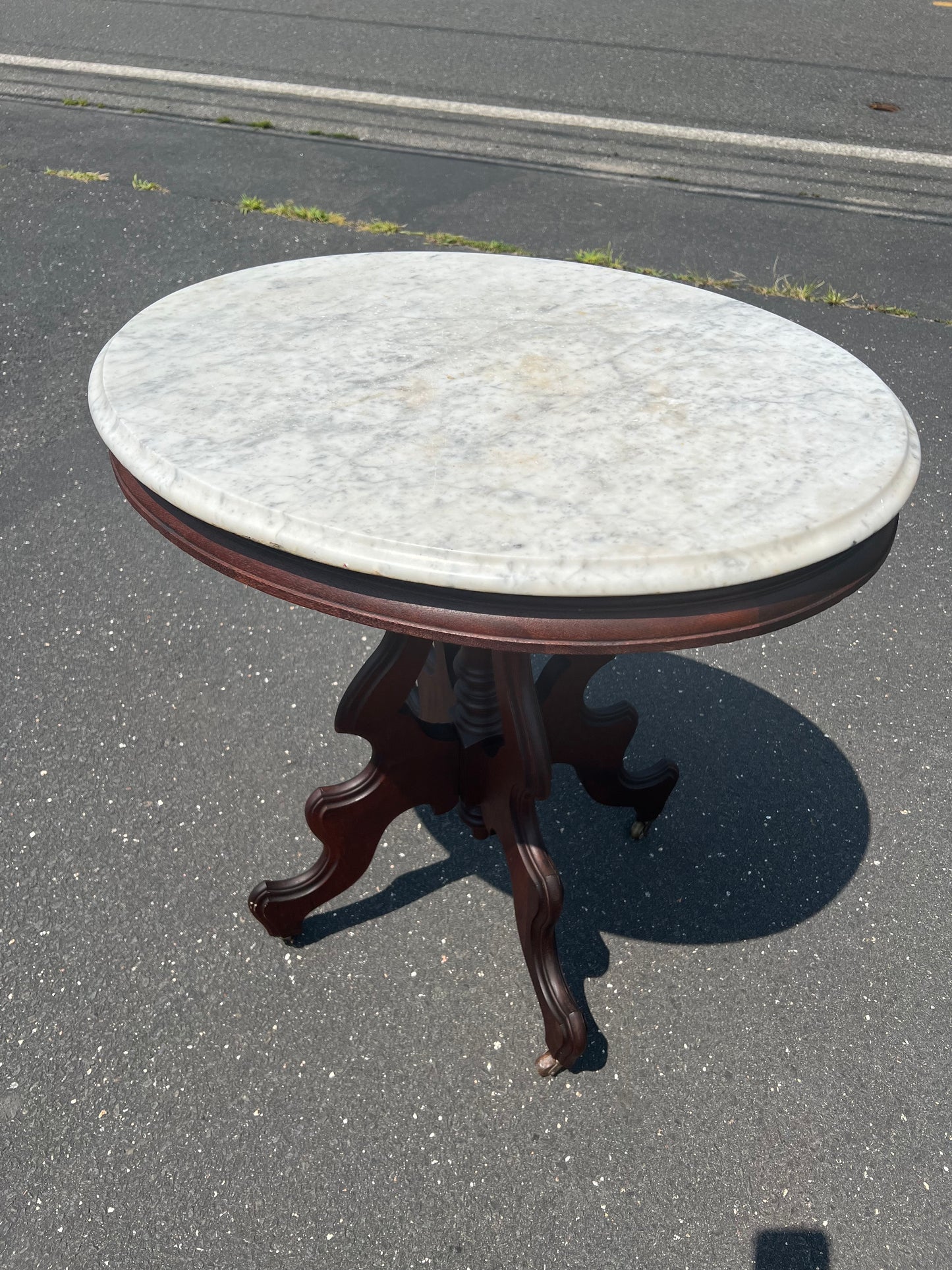 Antique Victorian Rococo Revival Oval Marble Top End Table c. 1860