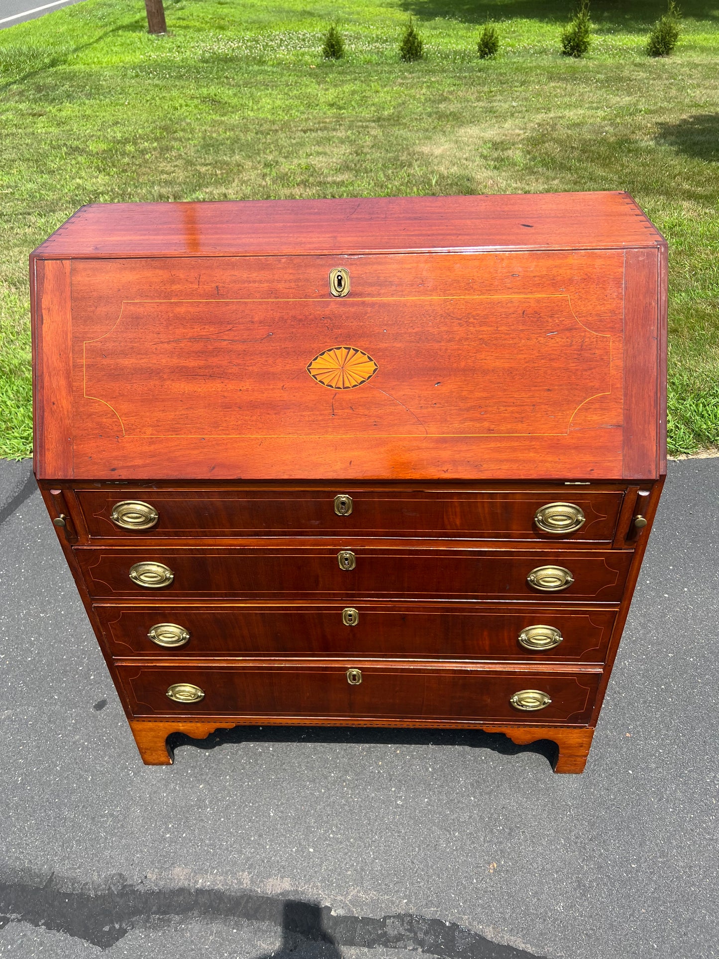 Antique Federal Period Mahogany Slant Front Secretary with Satinwood and Ebony Inlay c. 1800