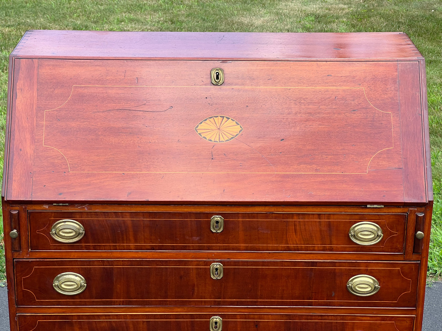 Antique Federal Period Mahogany Slant Front Secretary with Satinwood and Ebony Inlay c. 1800