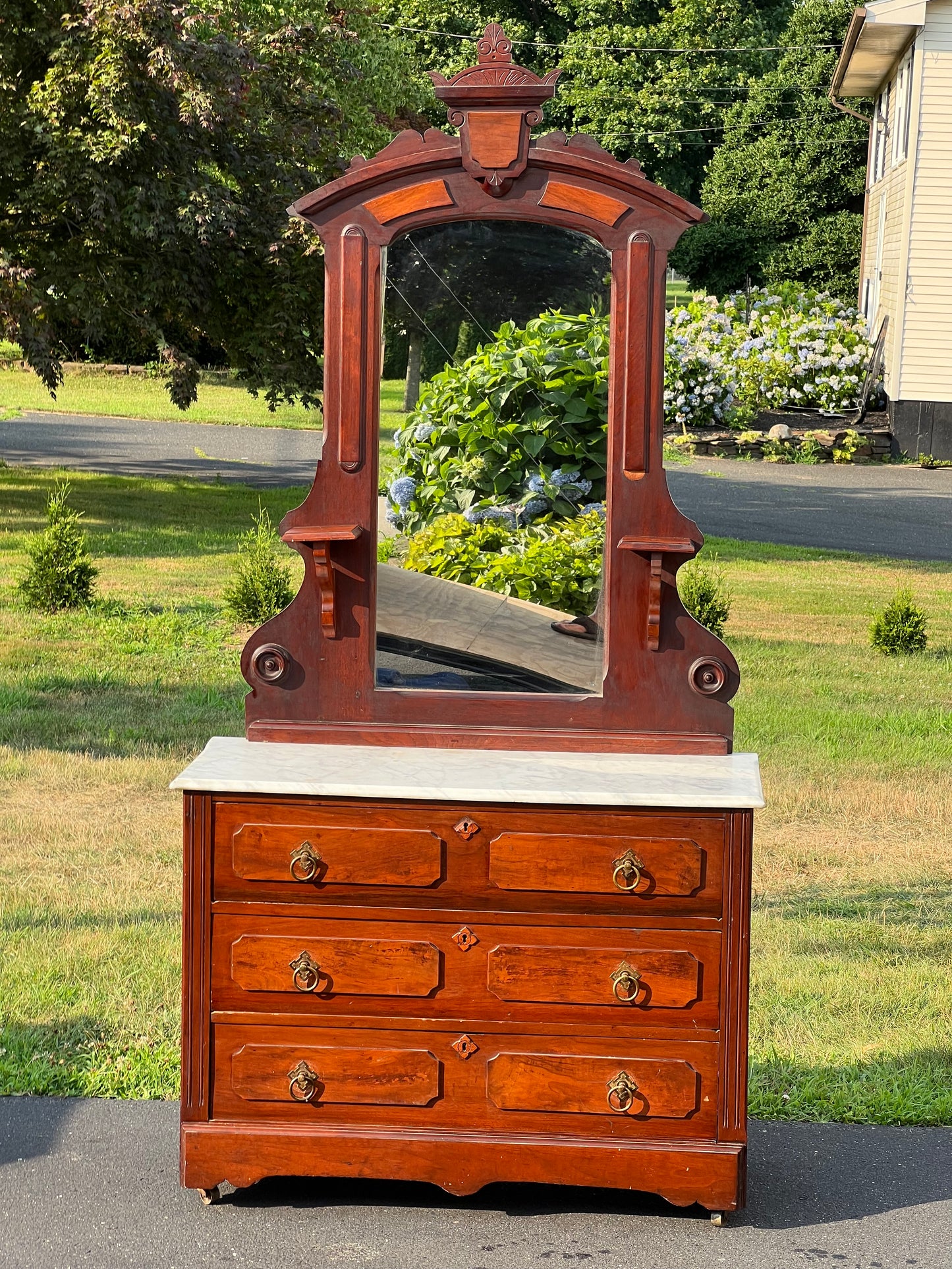 Antique Victorian Marble Top Walnut Chest with Mirror