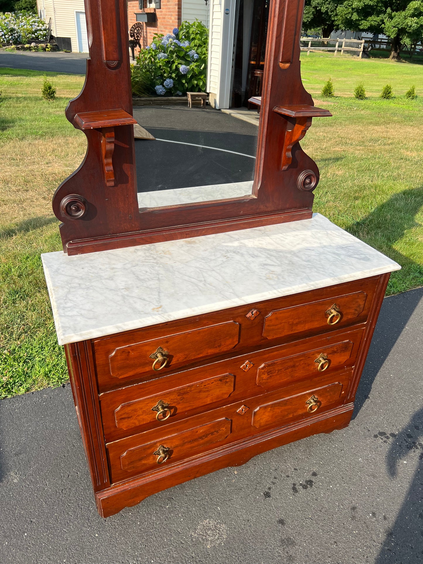 Antique Victorian Marble Top Walnut Chest with Mirror