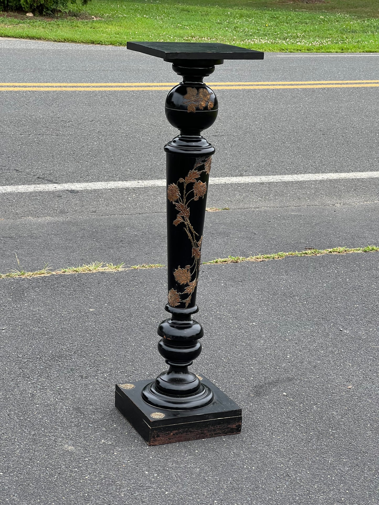 Vintage Ebonized Aeshetic Movement Style Pedestal with Brass Applique