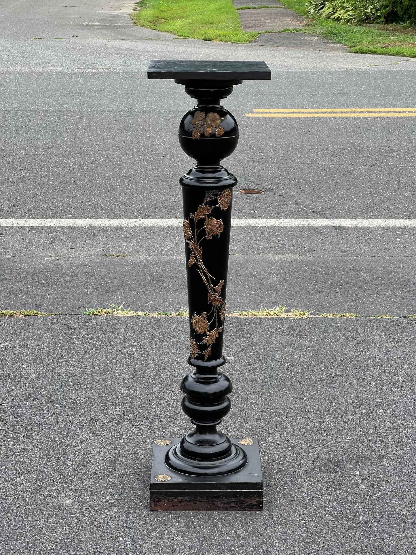 Vintage Ebonized Aeshetic Movement Style Pedestal with Brass Applique