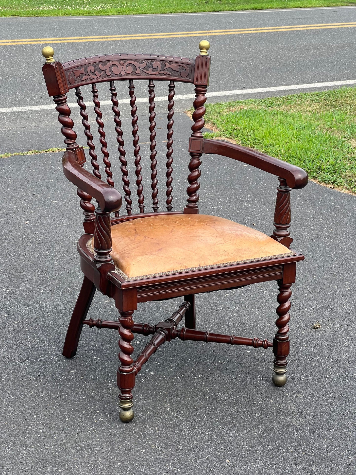 Antique Black Walnut Barley Twist Captain’s Chair with Leather Seat After George Hunzinger