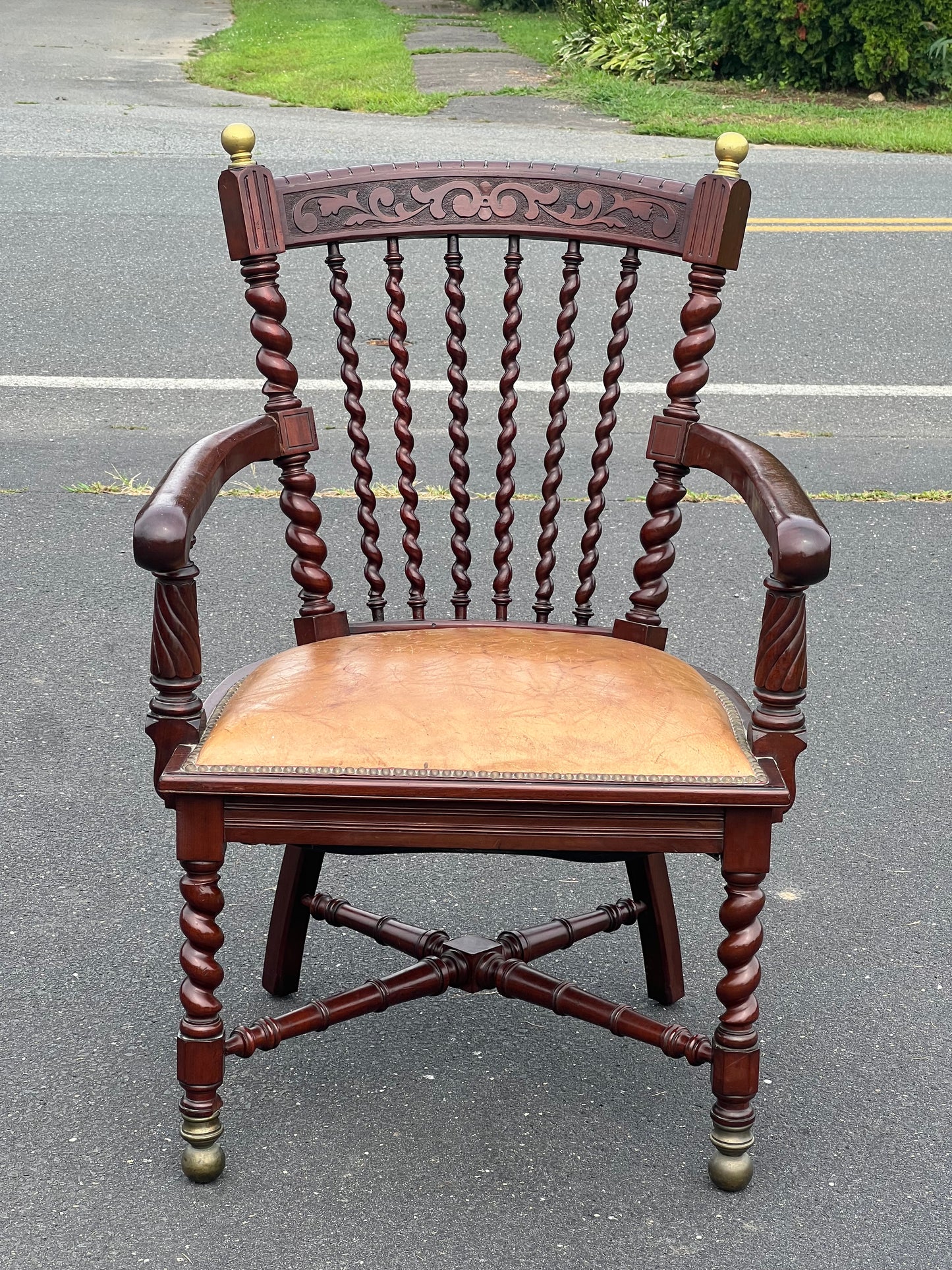 Antique Black Walnut Barley Twist Captain’s Chair with Leather Seat After George Hunzinger