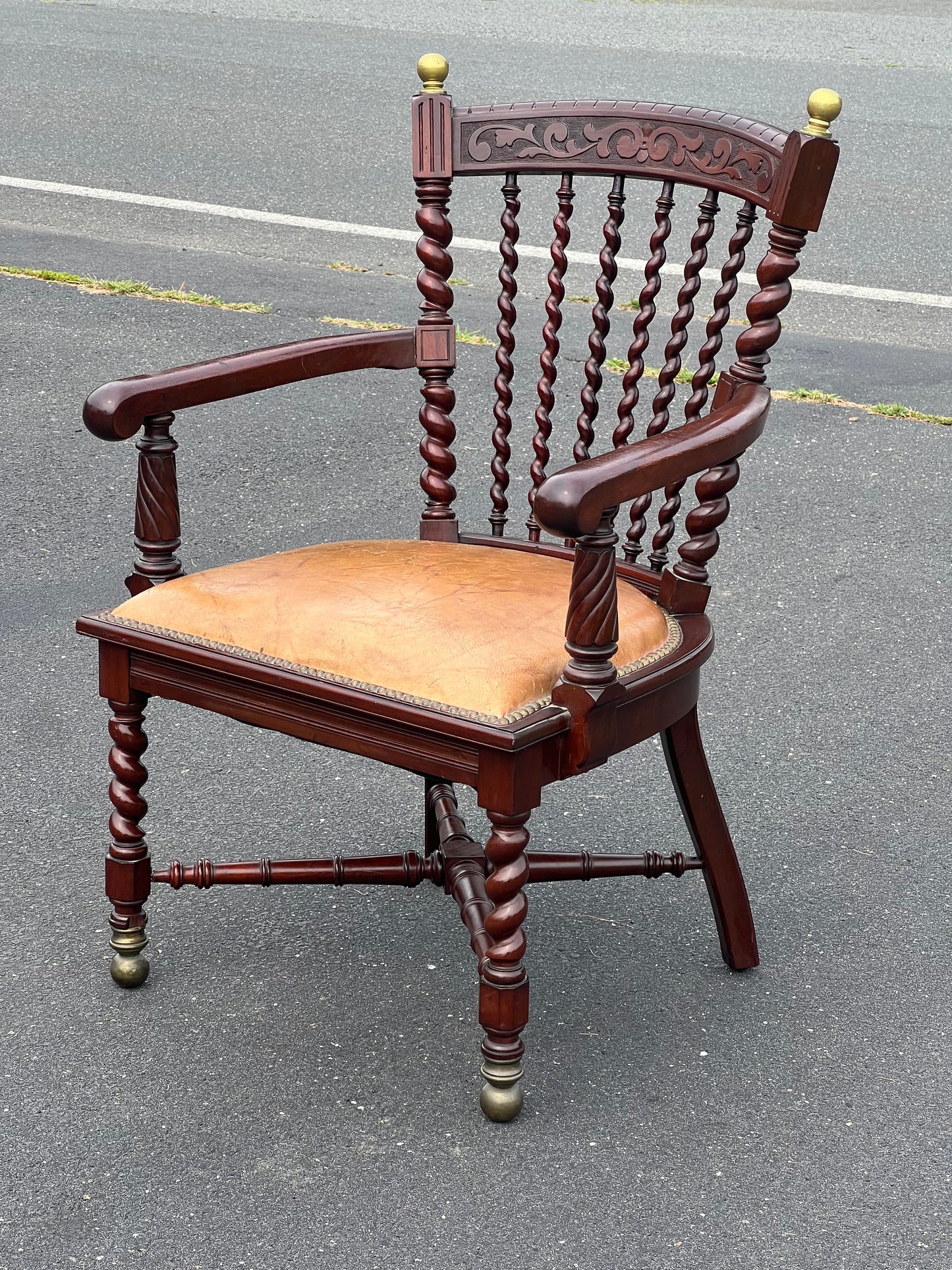 Antique Black Walnut Barley Twist Captain’s Chair with Leather Seat After George Hunzinger