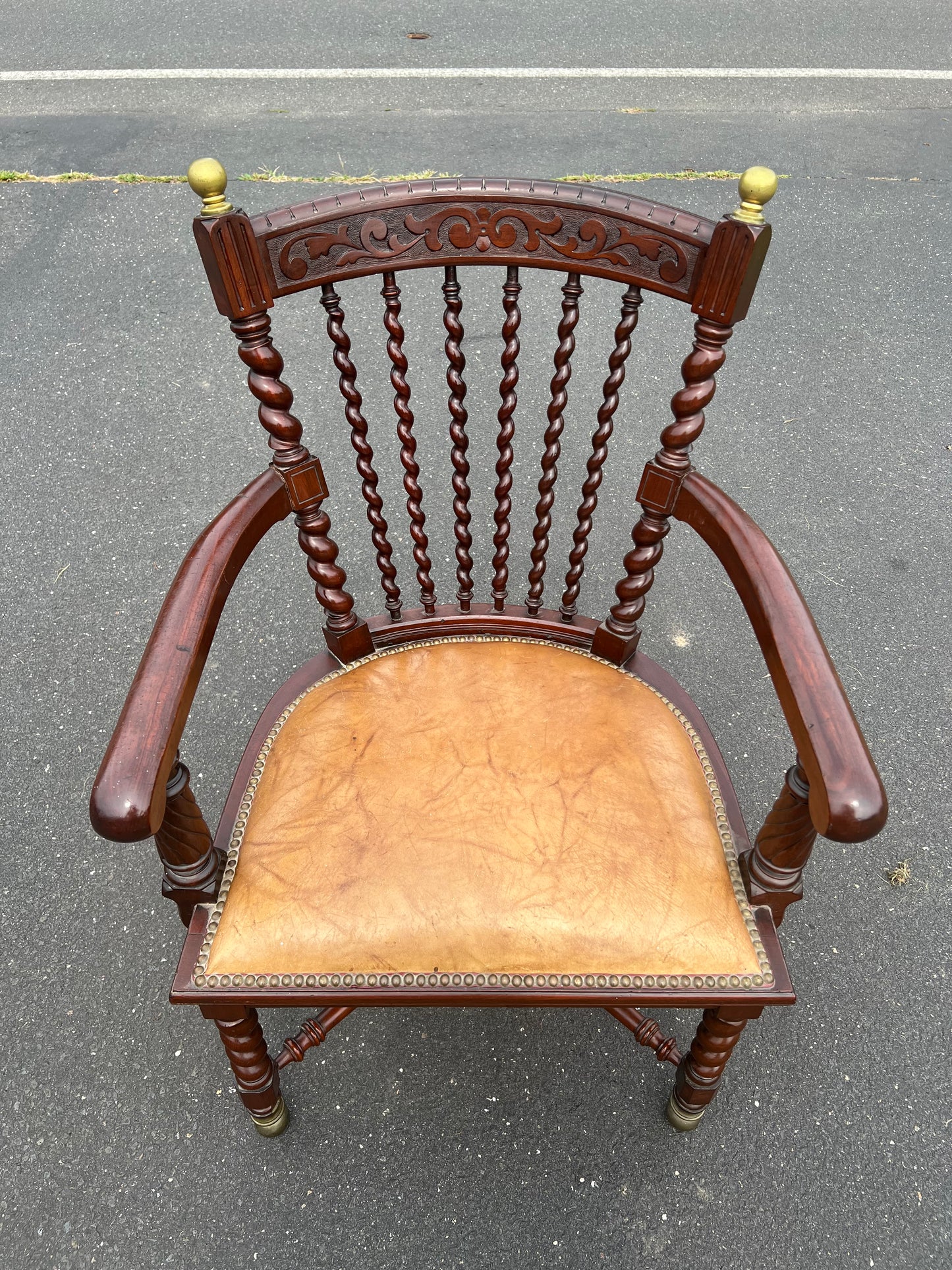 Antique Black Walnut Barley Twist Captain’s Chair with Leather Seat After George Hunzinger