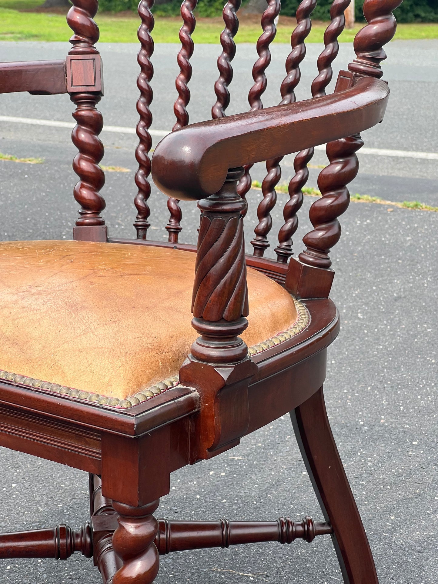 Antique Black Walnut Barley Twist Captain’s Chair with Leather Seat After George Hunzinger