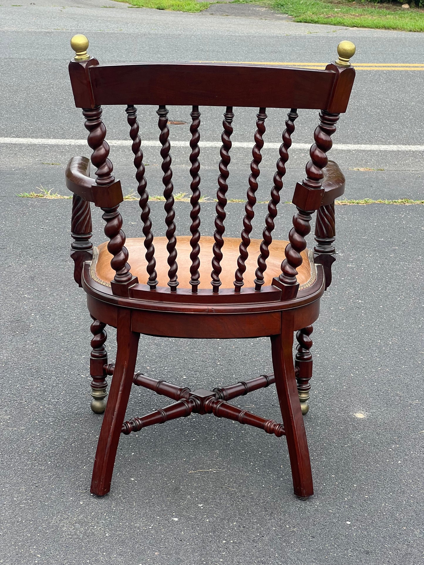 Antique Black Walnut Barley Twist Captain’s Chair with Leather Seat After George Hunzinger