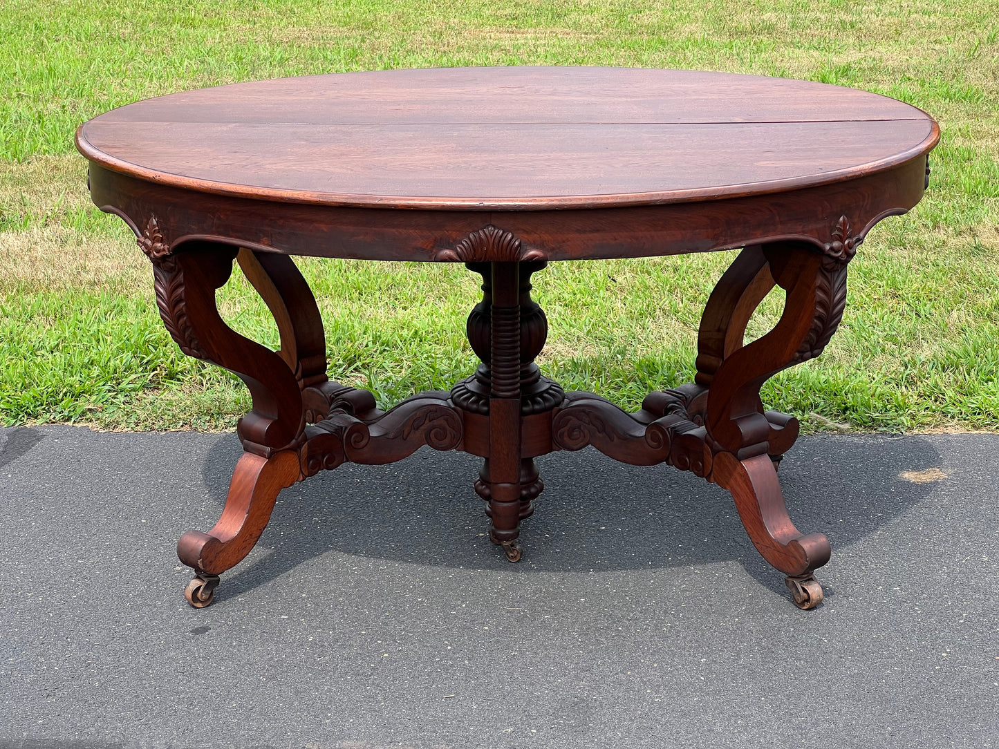 Great Antique Rococo Revival Solid Walnut Dining Table with Two Leaves