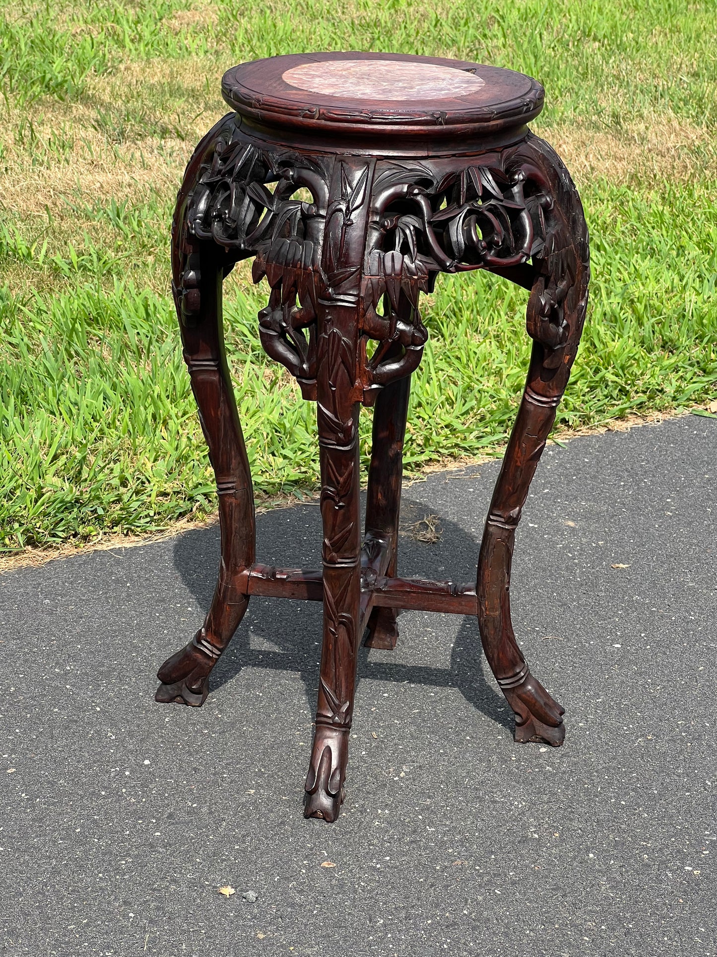 Antique Asian Carved Rosewood Marble Top Plant Stand