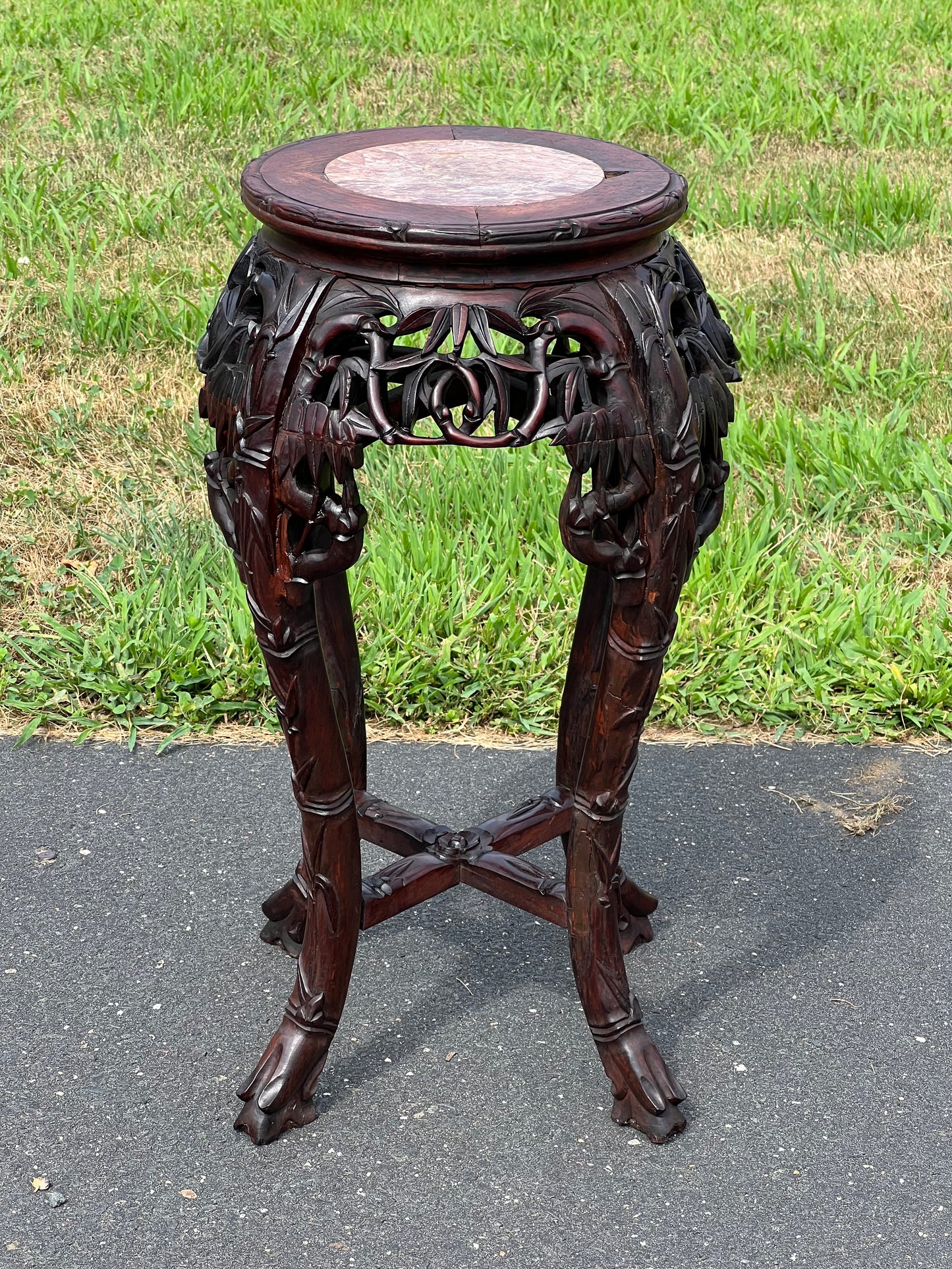 Antique Asian Carved Rosewood Marble Top Plant Stand