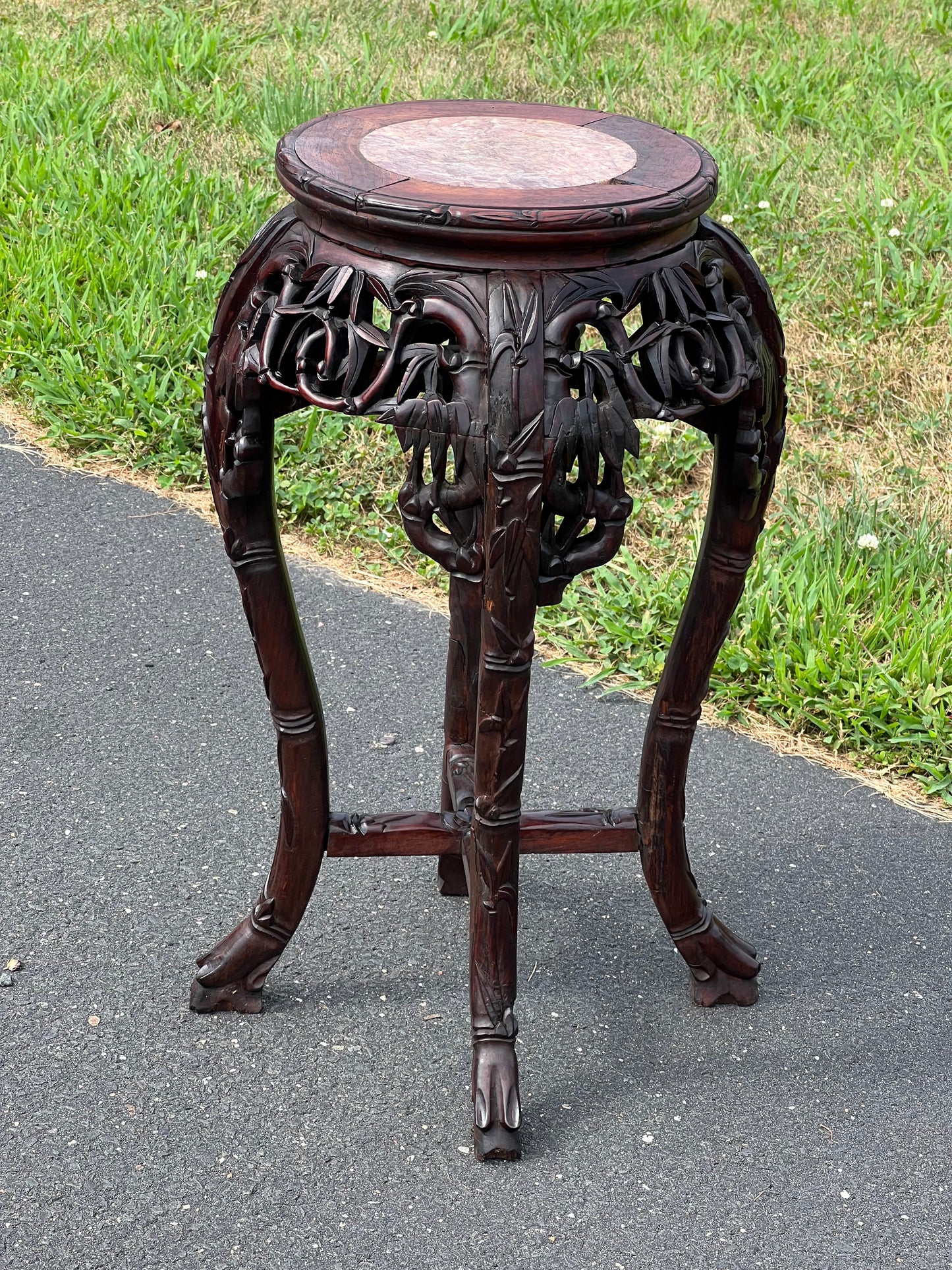 Antique Asian Carved Rosewood Marble Top Plant Stand