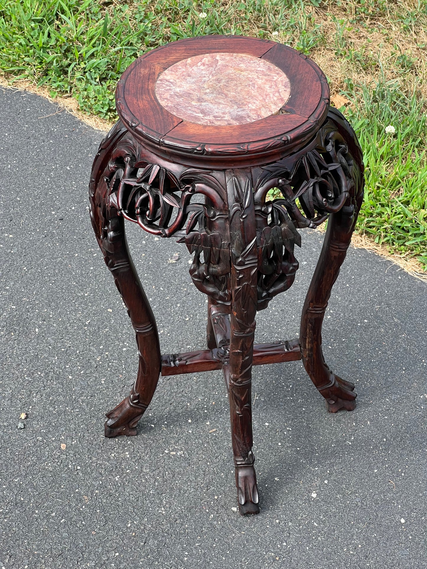 Antique Asian Carved Rosewood Marble Top Plant Stand