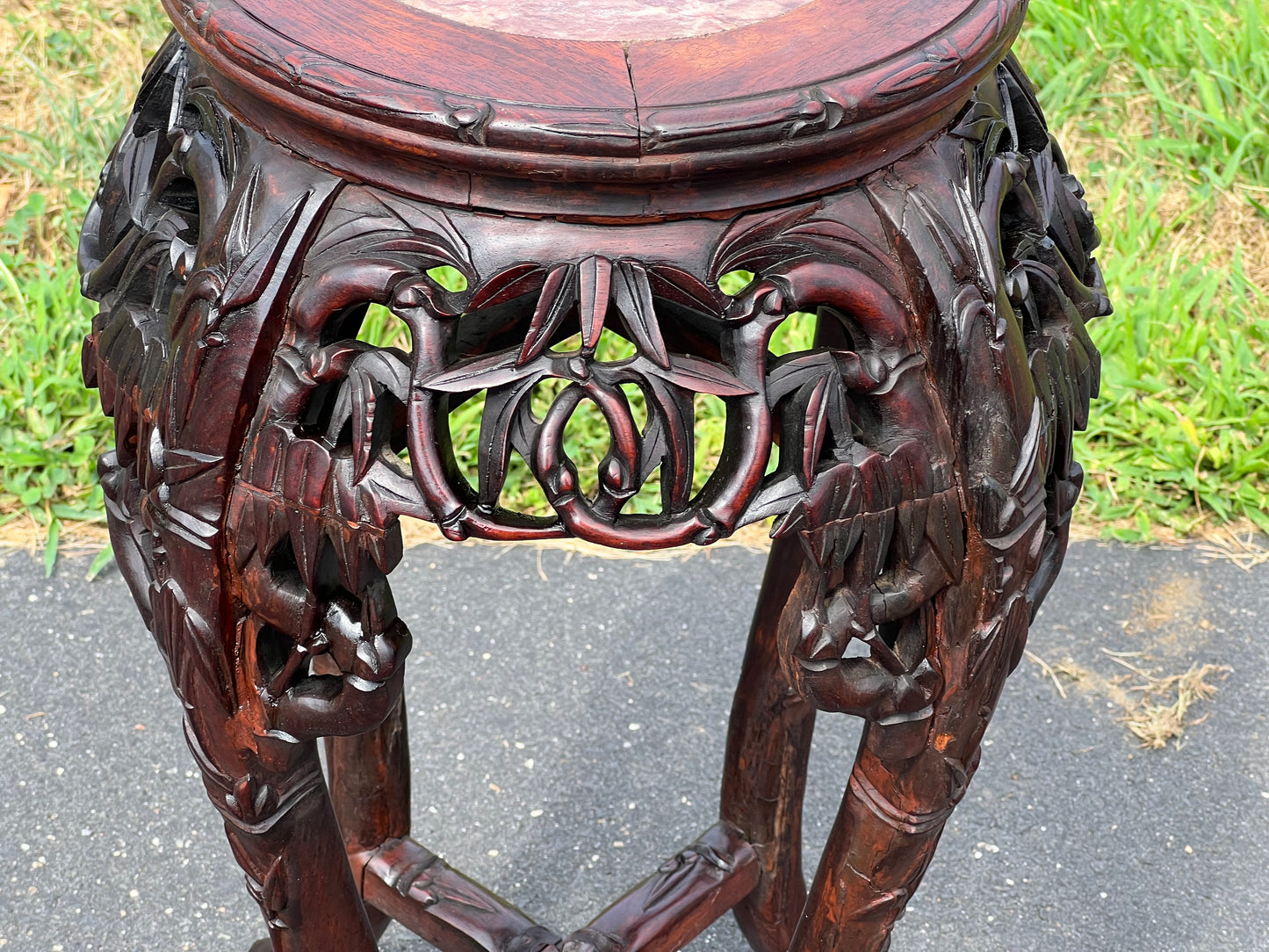 Antique Asian Carved Rosewood Marble Top Plant Stand