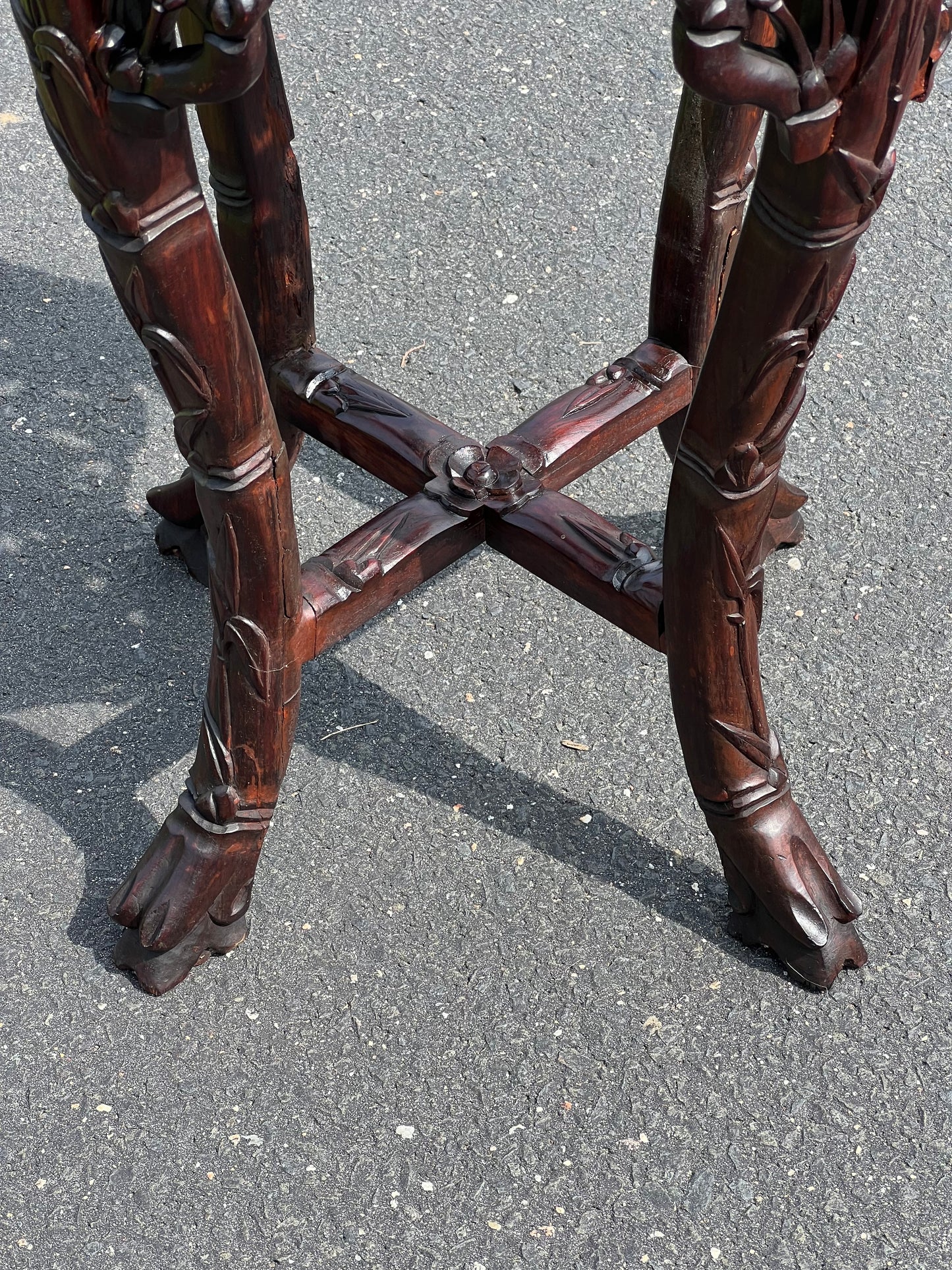 Antique Asian Carved Rosewood Marble Top Plant Stand