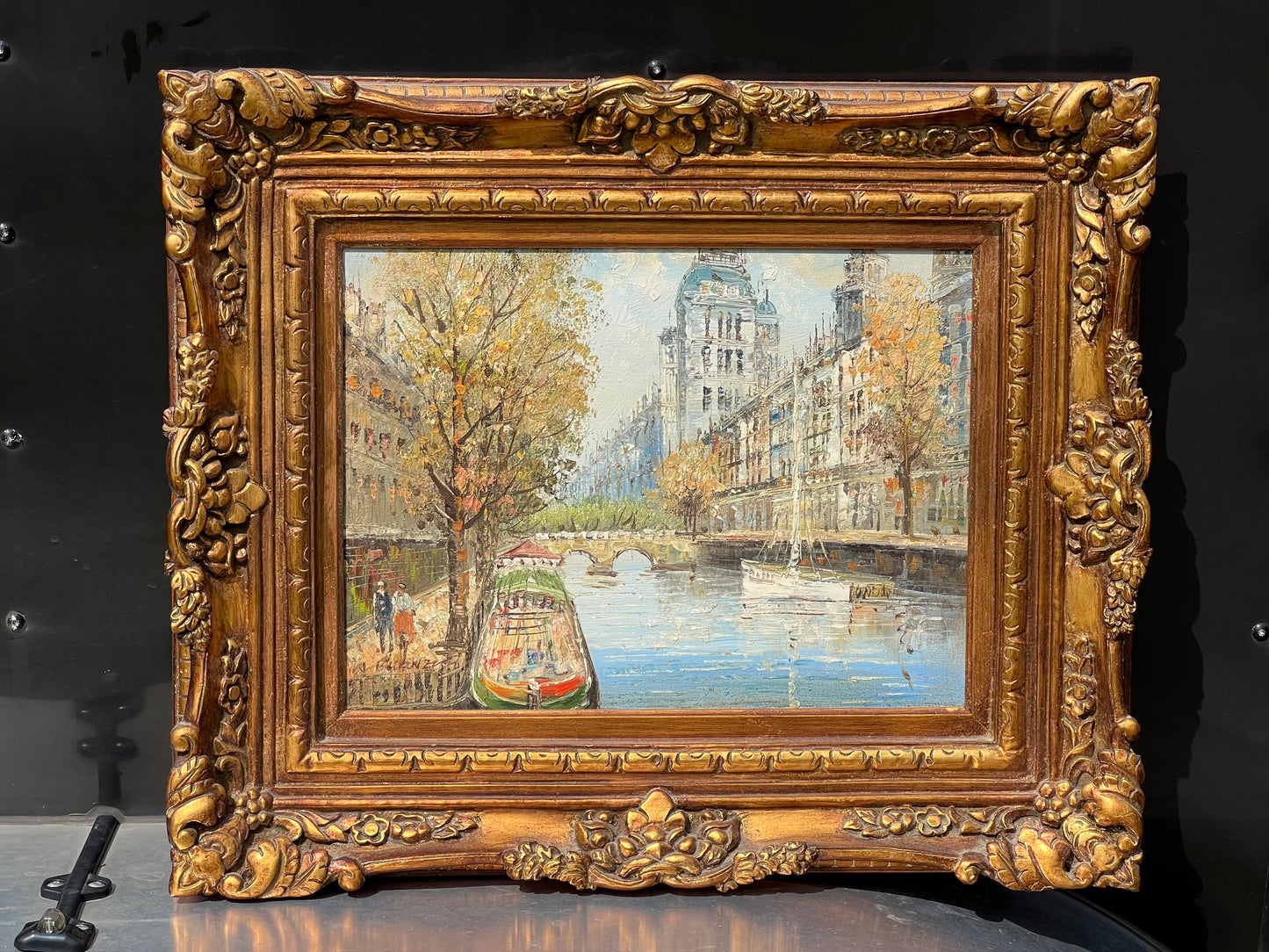 Mid-Century Oil on Canvas Painting Parisian Scene of The River Seine