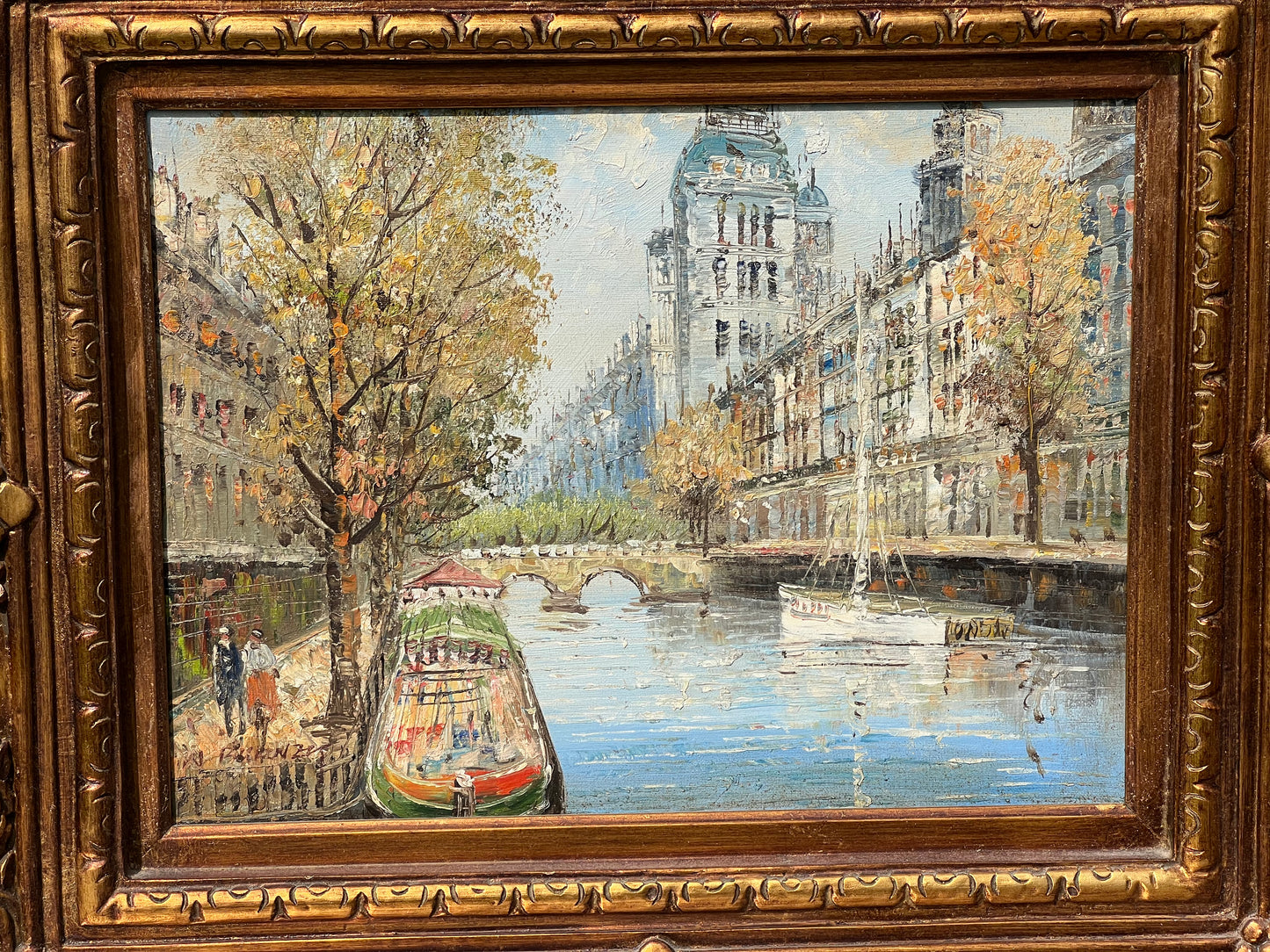 Mid-Century Oil on Canvas Painting Parisian Scene of The River Seine