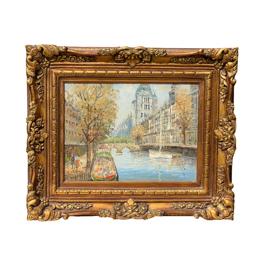 Mid-Century Oil on Canvas Painting Parisian Scene of The River Seine