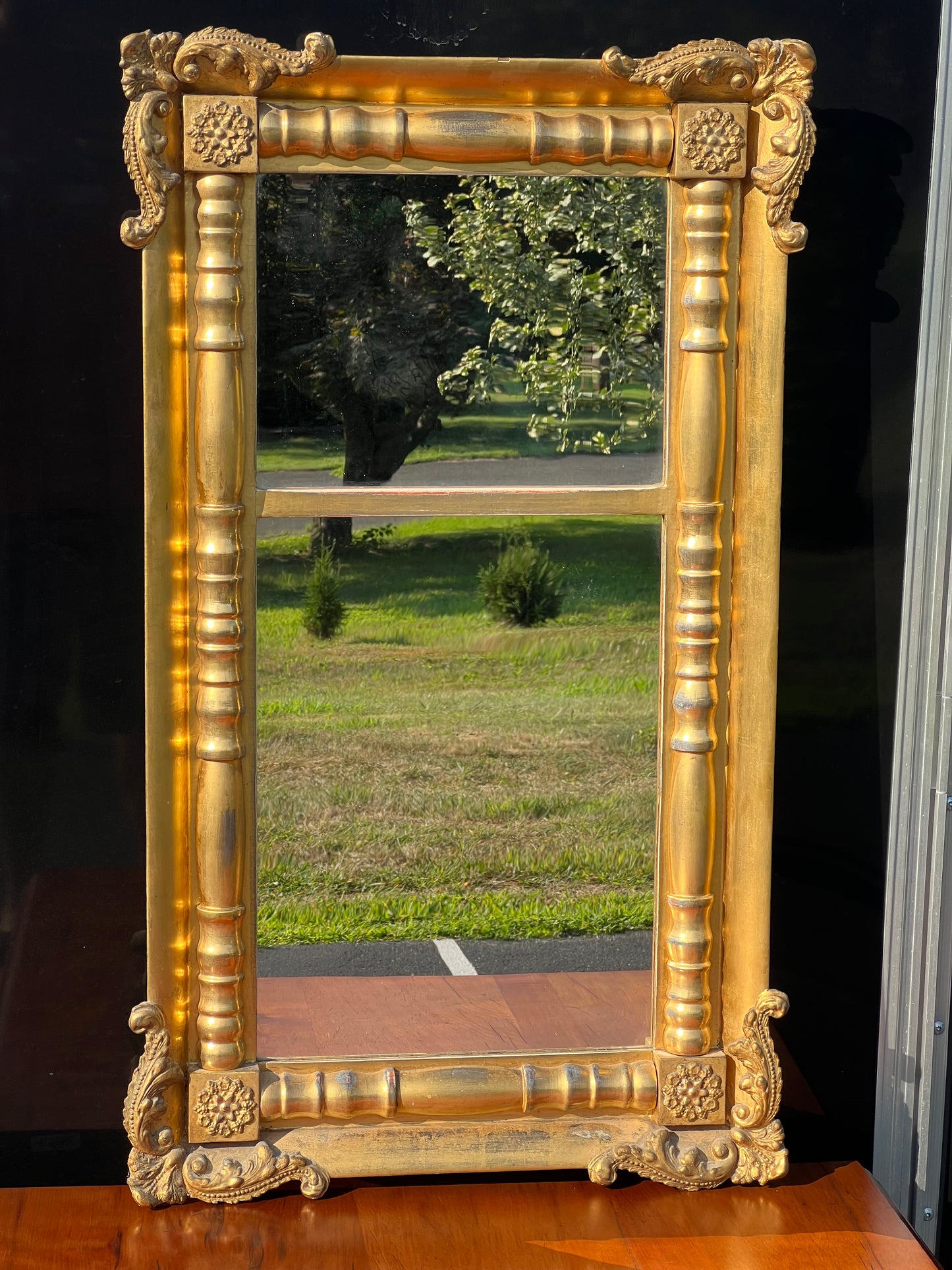 Antique Gilt Two Part Mirror with Split Columns and Decorative Corners