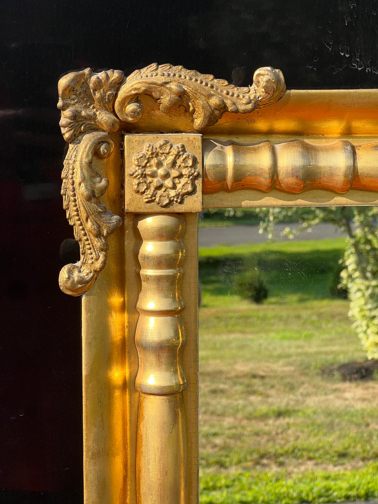 Antique Gilt Two Part Mirror with Split Columns and Decorative Corners