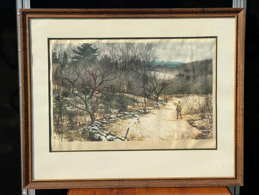 The Aiden Lassell Ripley “End of the Grouse Season” framed lithograph from Pearl City Antiques depicts a rural landscape with a dirt path, stone wall, bare trees, distant hills, and a lone figure enjoying the view.
