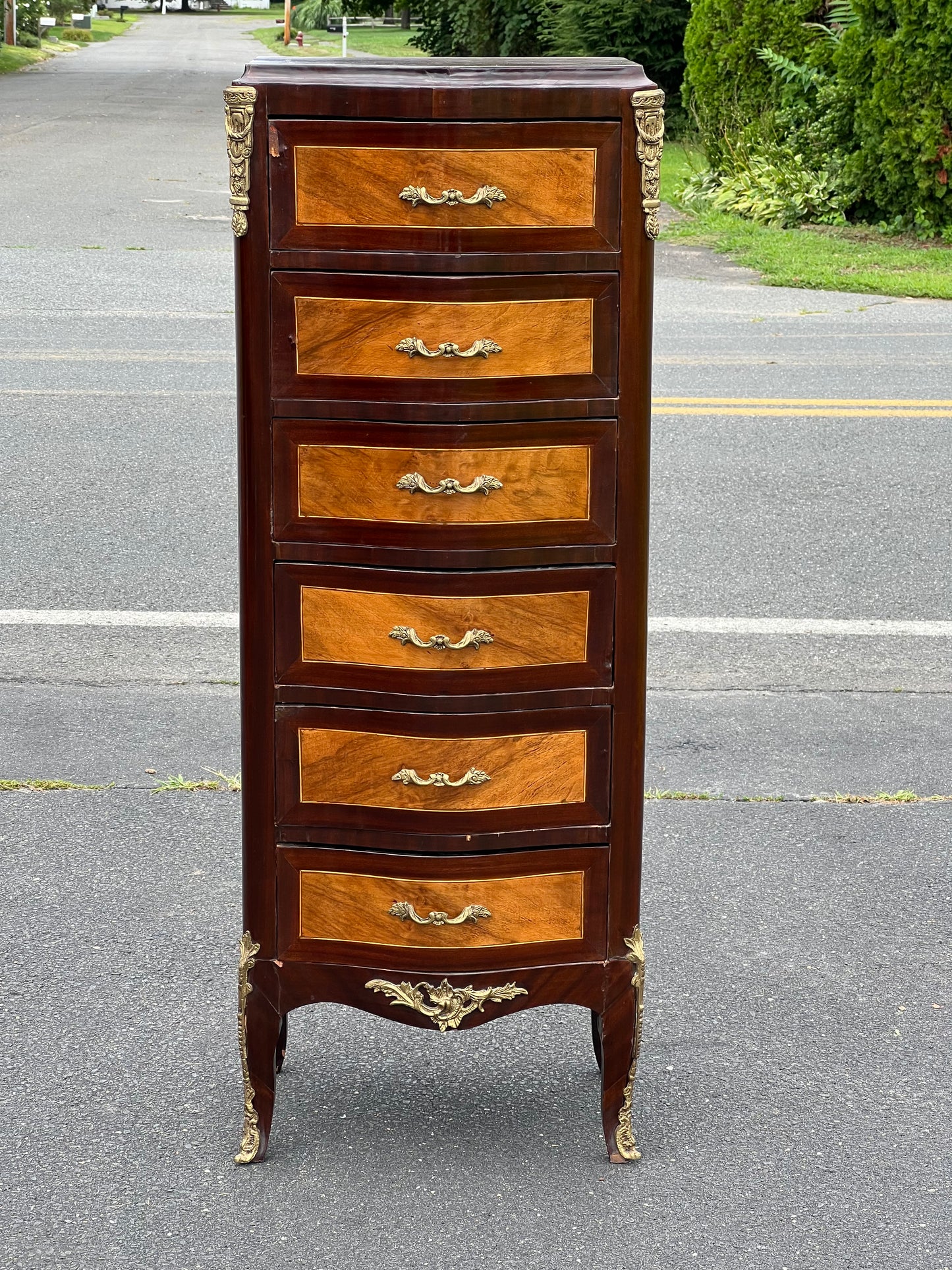 Antique Louis XVI Mahogany Inlaid Six Drawer Lingerie Chest