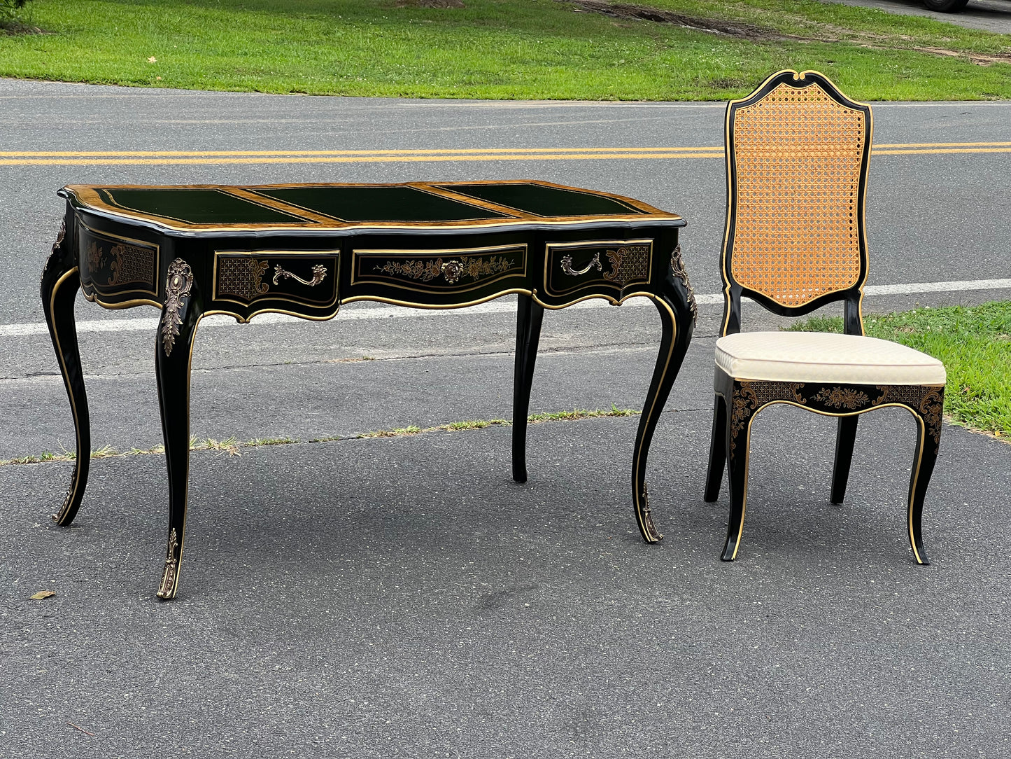 Vintage Louis XV French Style Black Lacquer Chinoiserie Writing Desk and Chair by Drexel Heritage