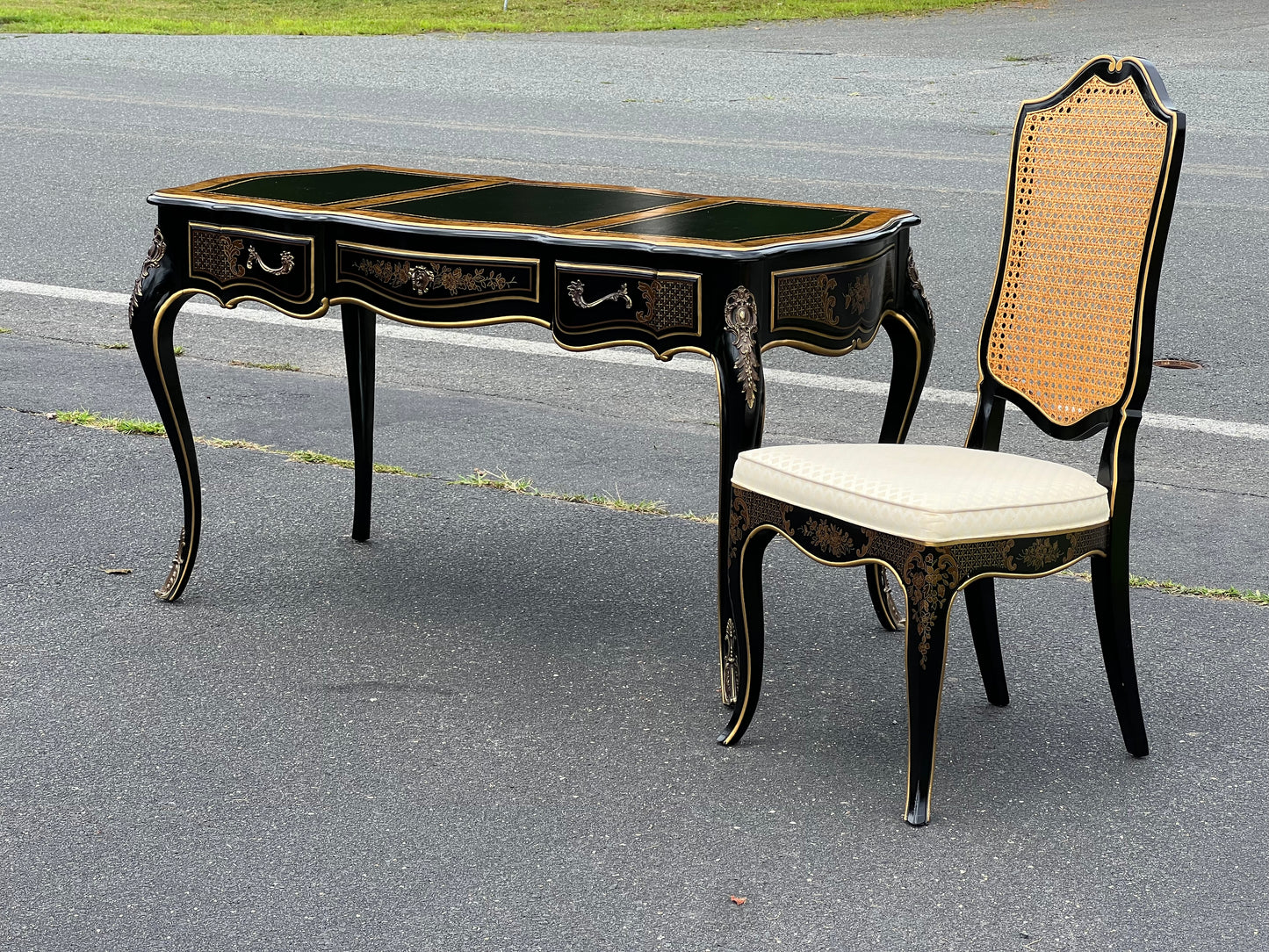 Vintage Louis XV French Style Black Lacquer Chinoiserie Writing Desk and Chair by Drexel Heritage