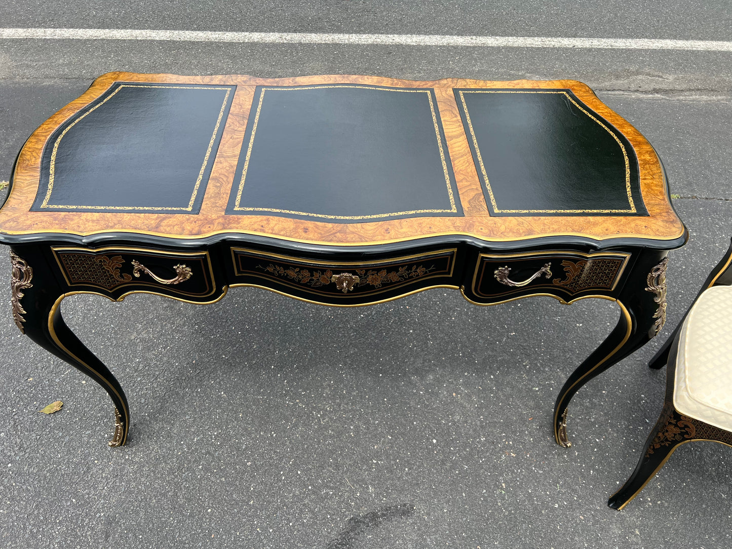 Vintage Louis XV French Style Black Lacquer Chinoiserie Writing Desk and Chair by Drexel Heritage