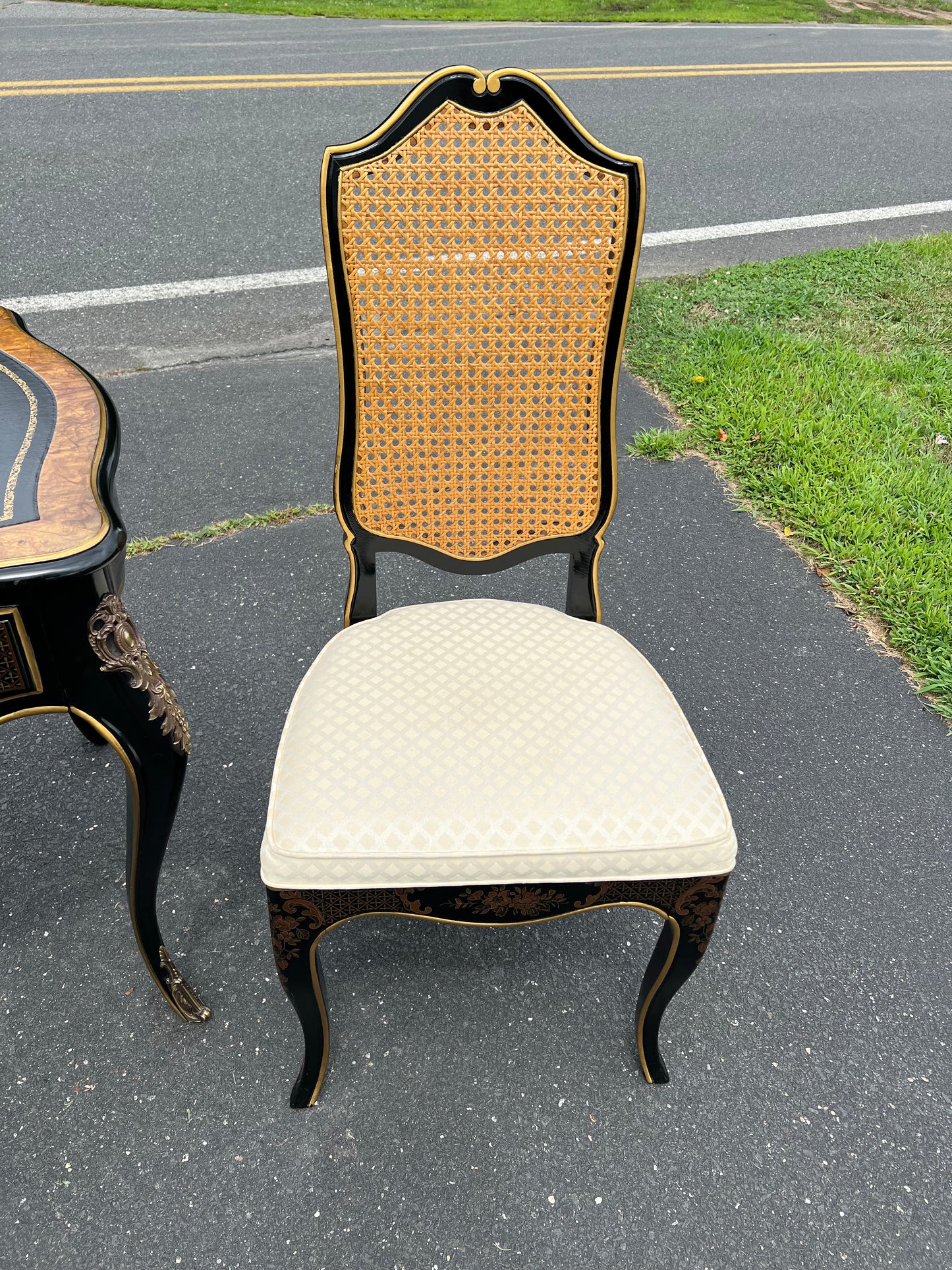 Vintage Louis XV French Style Black Lacquer Chinoiserie Writing Desk and Chair by Drexel Heritage