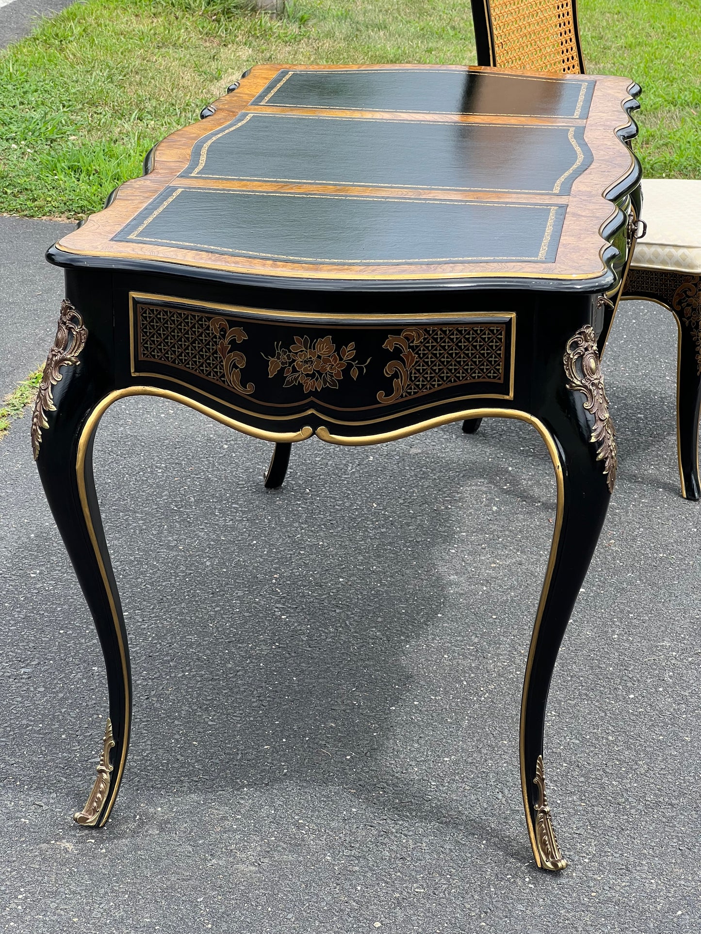 Vintage Louis XV French Style Black Lacquer Chinoiserie Writing Desk and Chair by Drexel Heritage