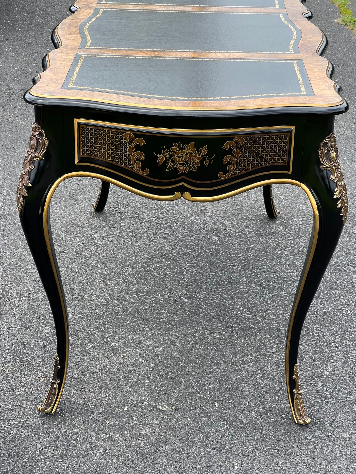 Vintage Louis XV French Style Black Lacquer Chinoiserie Writing Desk and Chair by Drexel Heritage