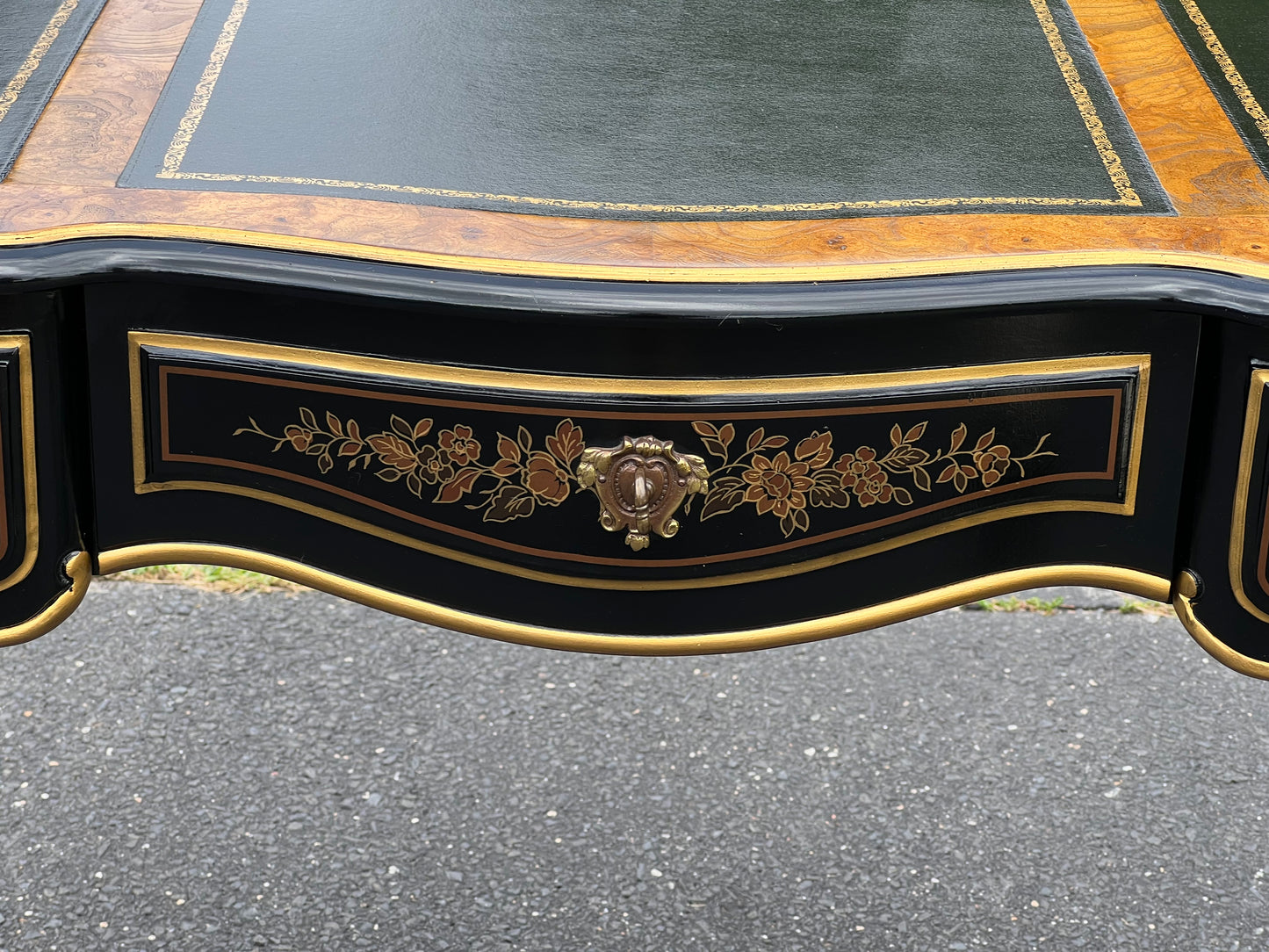 Vintage Louis XV French Style Black Lacquer Chinoiserie Writing Desk and Chair by Drexel Heritage