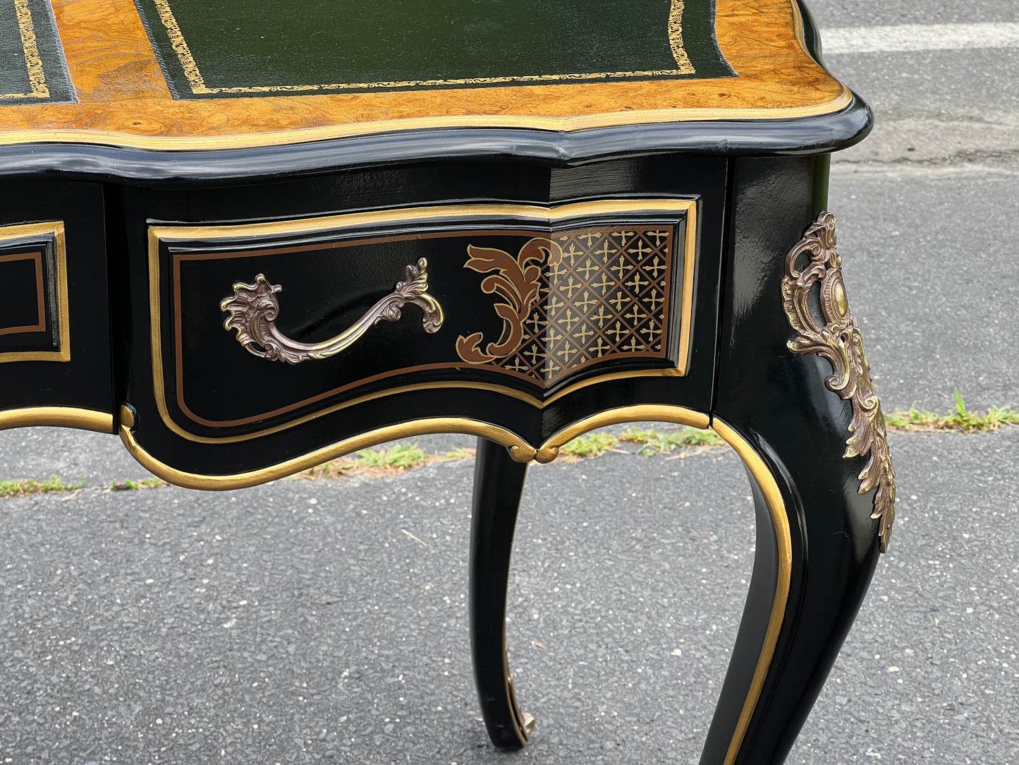 Vintage Louis XV French Style Black Lacquer Chinoiserie Writing Desk and Chair by Drexel Heritage