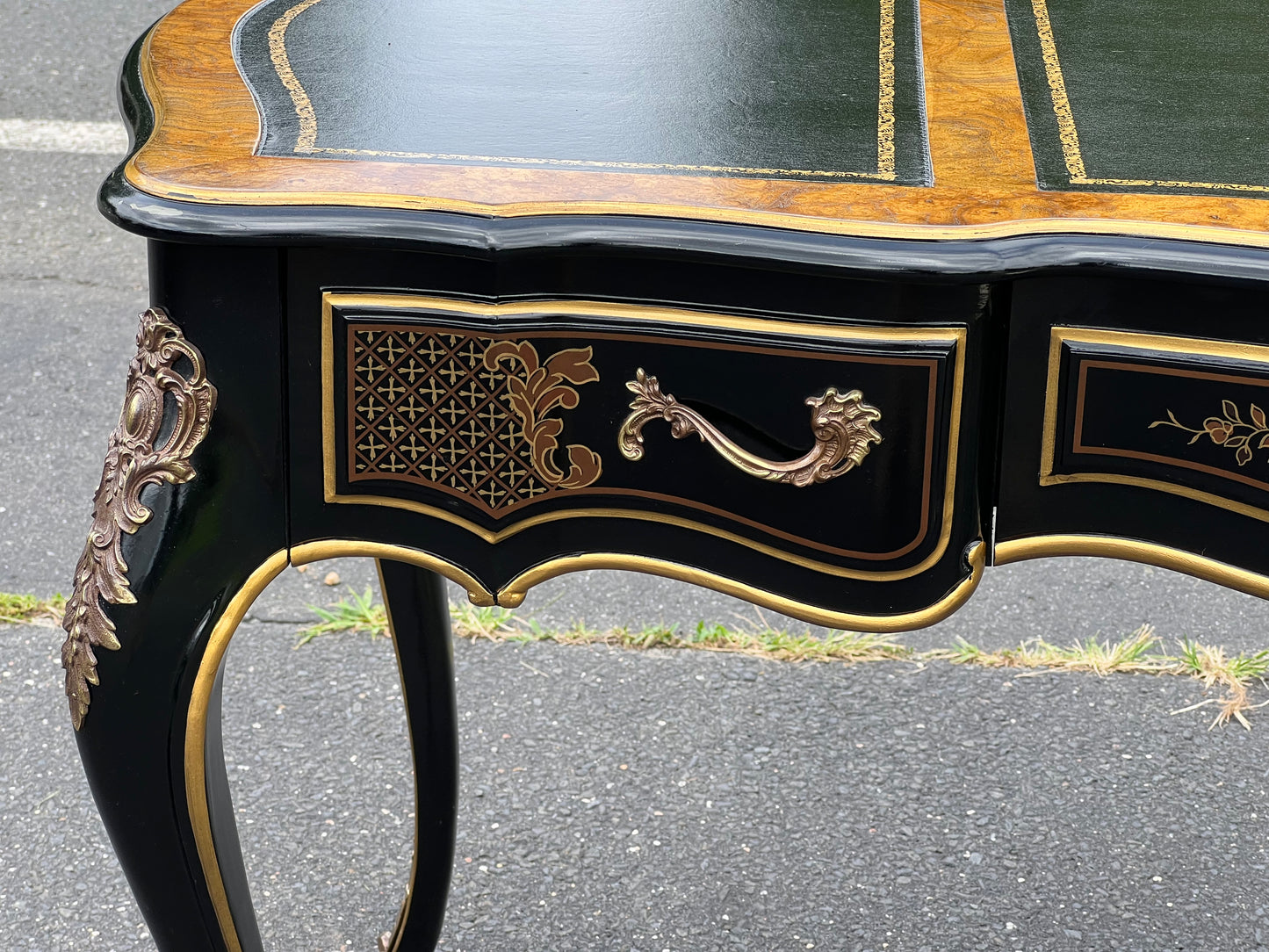 Vintage Louis XV French Style Black Lacquer Chinoiserie Writing Desk and Chair by Drexel Heritage