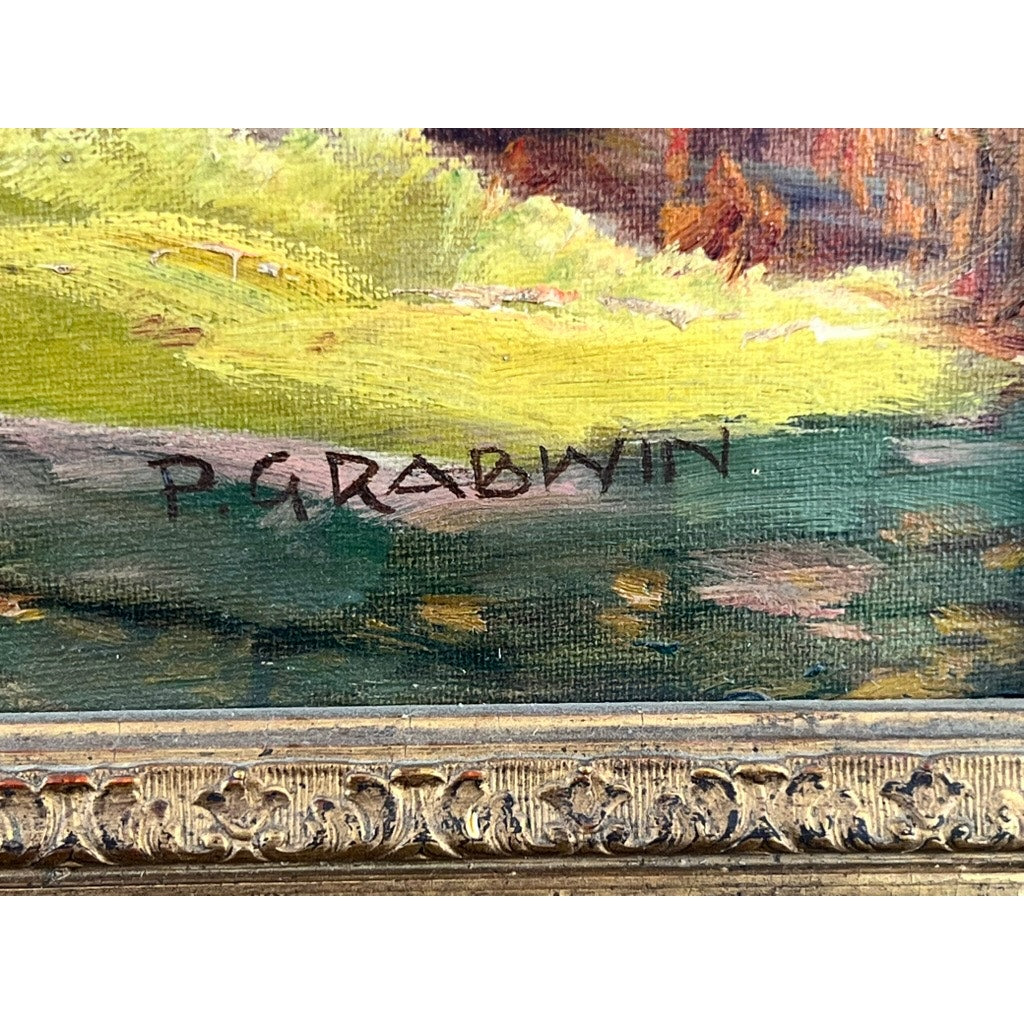 Close-up of the artist’s signature “P. Grabwin” on Antique Oil on Canvas Impressionist “Path by a Stream” (early 20th century), shown against a green and yellow background above an ornate, gold-toned floral frame.