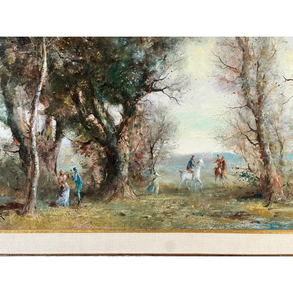 Vintage Guy Cambier Belgian Romantic Landscape Oil Painting (c.1960–1980) features figures in period dress among trees, with two riders on white horses and others in a sunlit wooded scene. Brand: None/Unknown.