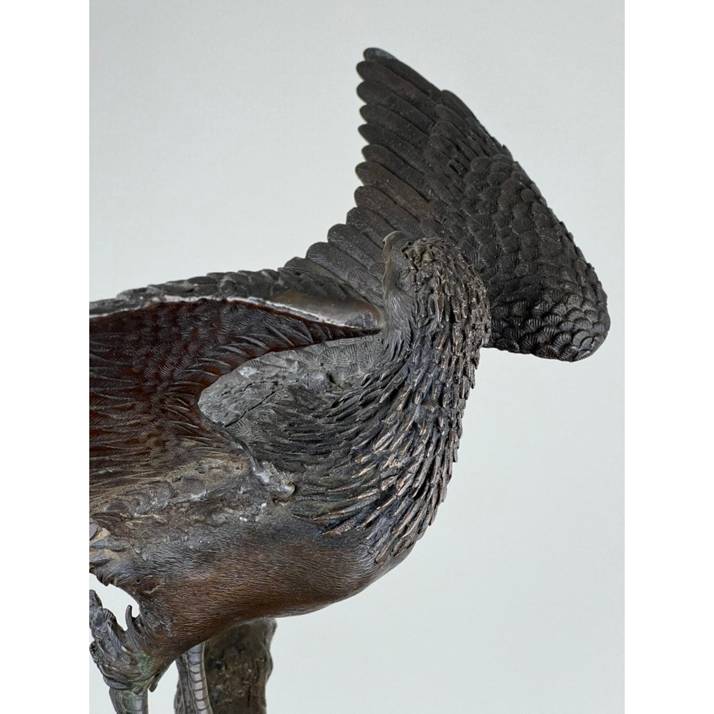 Detail of chased plumage on Japanese Meiji bronze hawk sculpture
