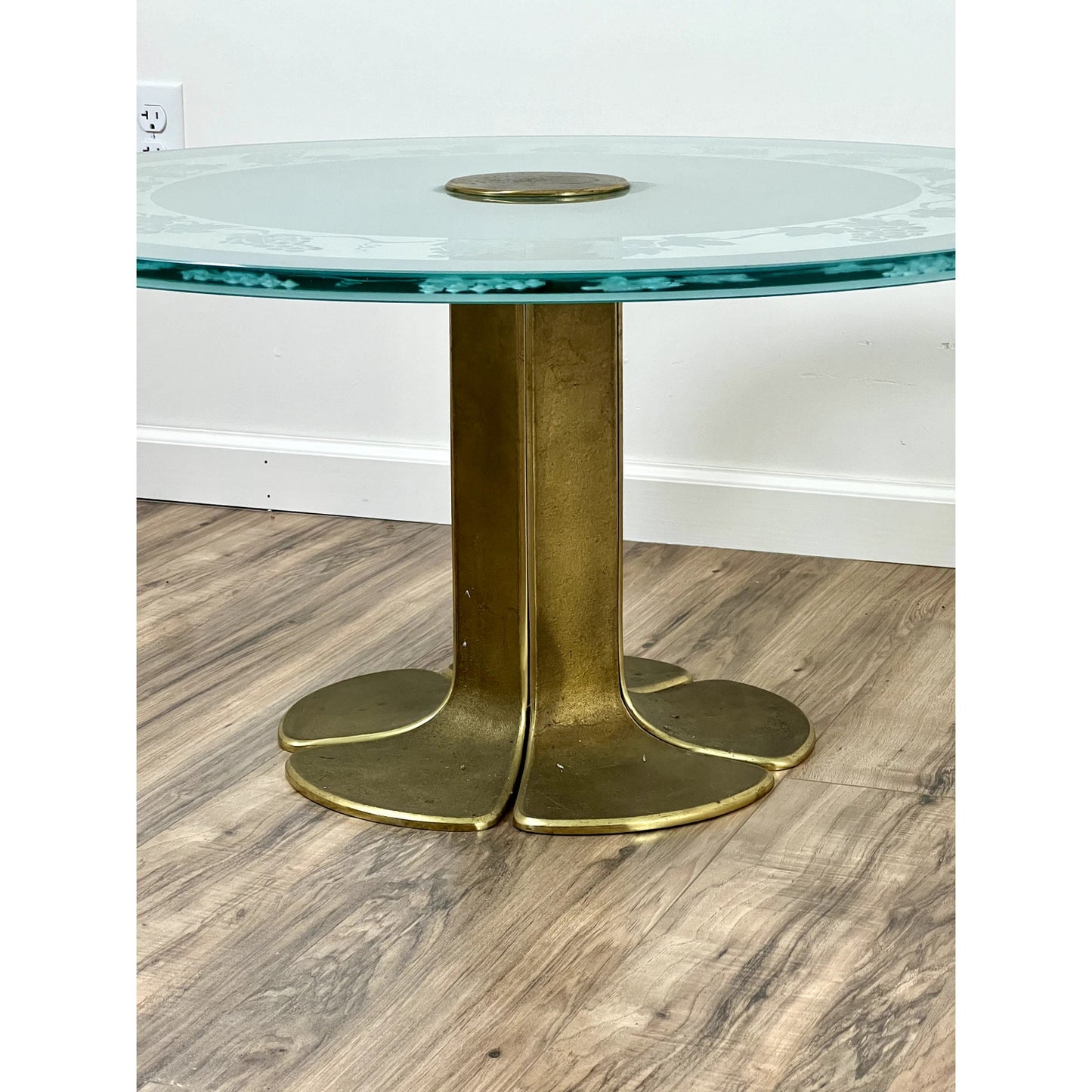 Vintage Etched Glass and Brass Coffee Table with Stylized Flower Petal Base