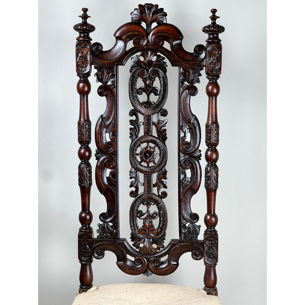 Antique Fine Carved Flemish Side Chair attributed to Daniel Marot, late 17th century; features ornate dark wood with floral and leaf carvings, twisted columns, symmetrical details, and a light upholstered seat.