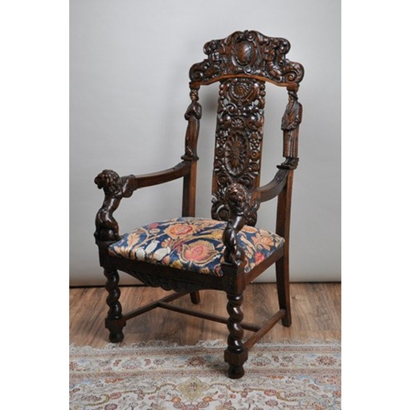 Antique Victorian Oak Heavily Carved Parlor Throne c. 1880