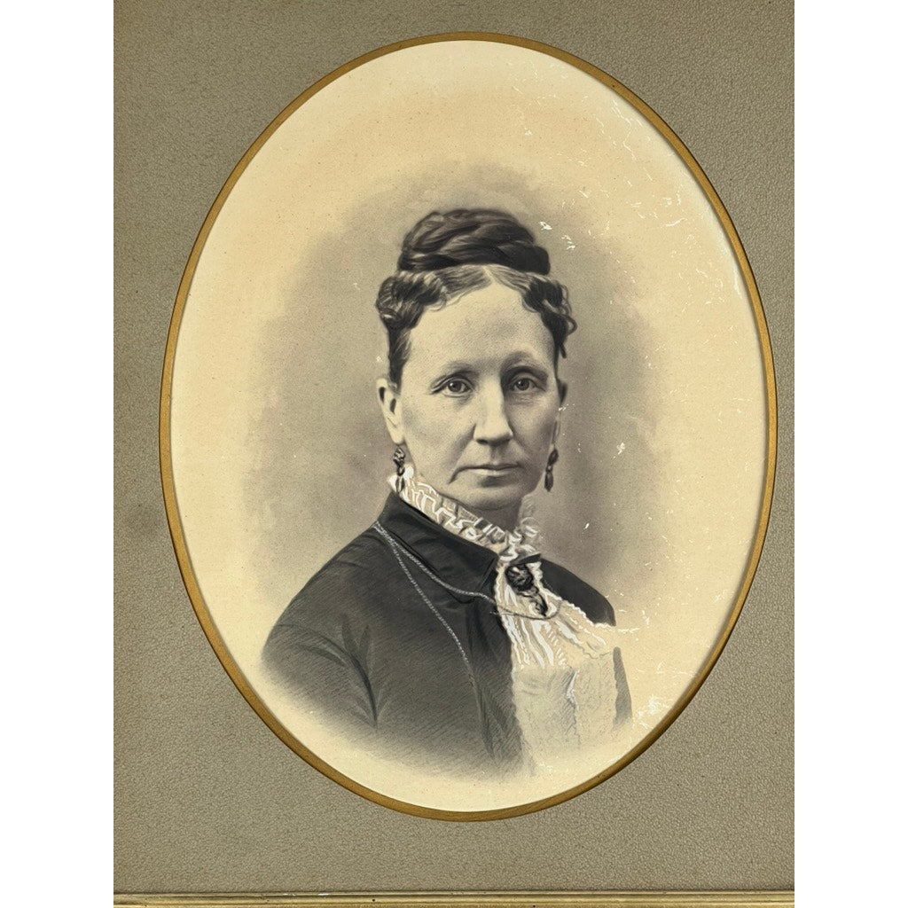 Antique Civil War Era Portrait of a Woman in Gilt Wood Frame—sepia-toned oval image shows a woman with dark updo, lace-collared dress, and earrings against a plain background, reflecting elegant 19th-century style. Brand: Unknown.