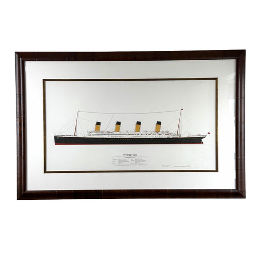 Enhance your collection with the Peter W. Sparre Signed Limited Edition RMS Titanic 1912 Ship Profile Print, No. 256/1000 by Pearl City Antiques—an elegantly framed maritime artwork showcasing the legendary ocean liner in profile on a crisp white background, complete with labeled details beneath and encased in a refined dark wooden frame, making it an essential print for any collector of RMS Titanic memorabilia.